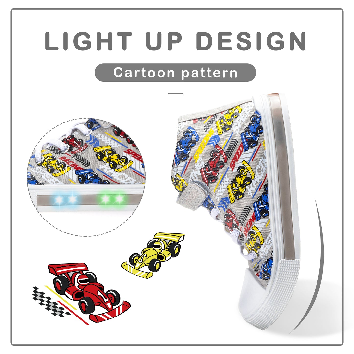 velcro gray kart light up high top canvas sneakers