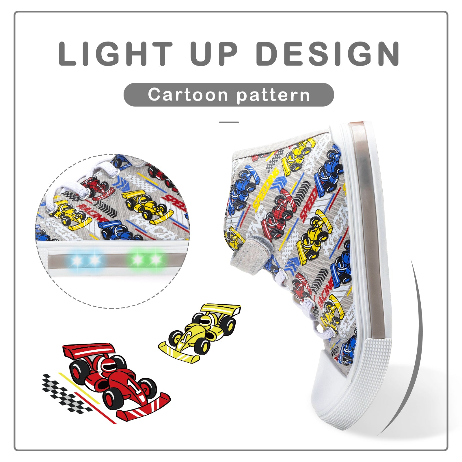 Velcro Gray Kart Light Up High Top Canvas Sneakers