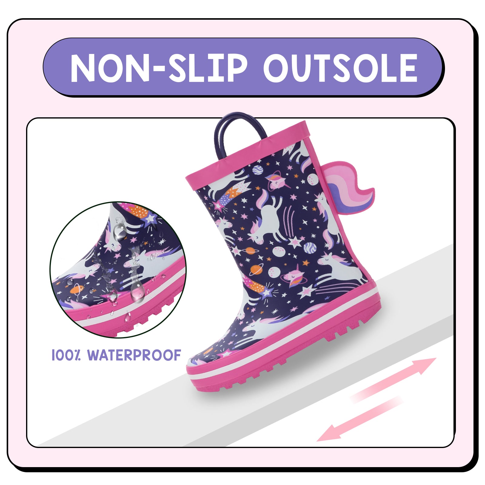 Children's rain boot with unicorn design on a white background, featuring text about non-slip outsole and waterproof properties.