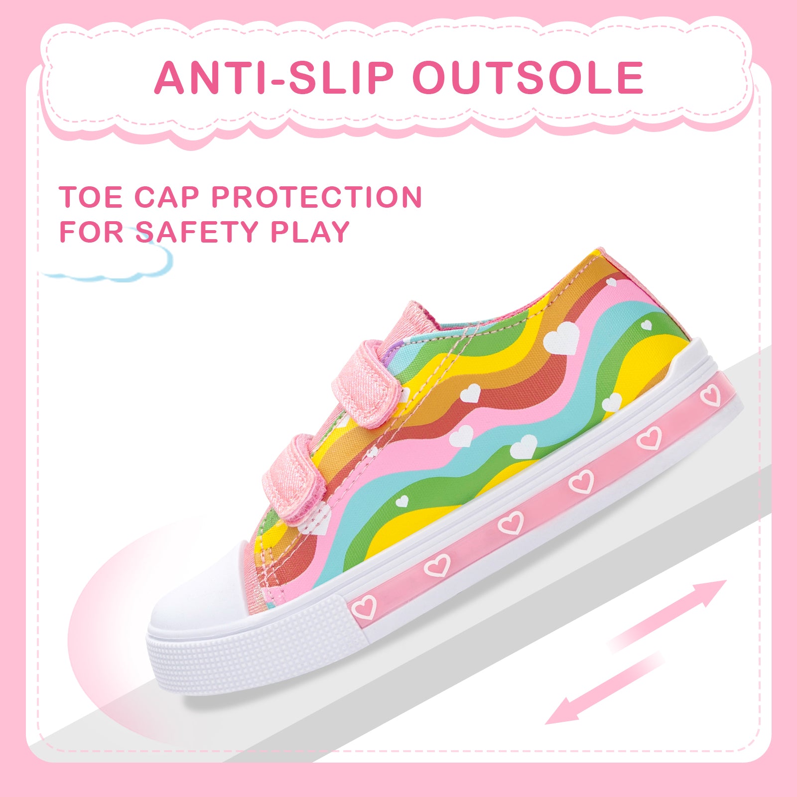 Colorful children's shoe with rainbow pattern on a pink background