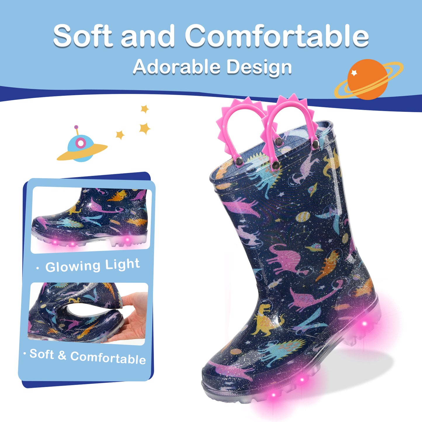 girls' space dinosaur light up waterproof rain boots