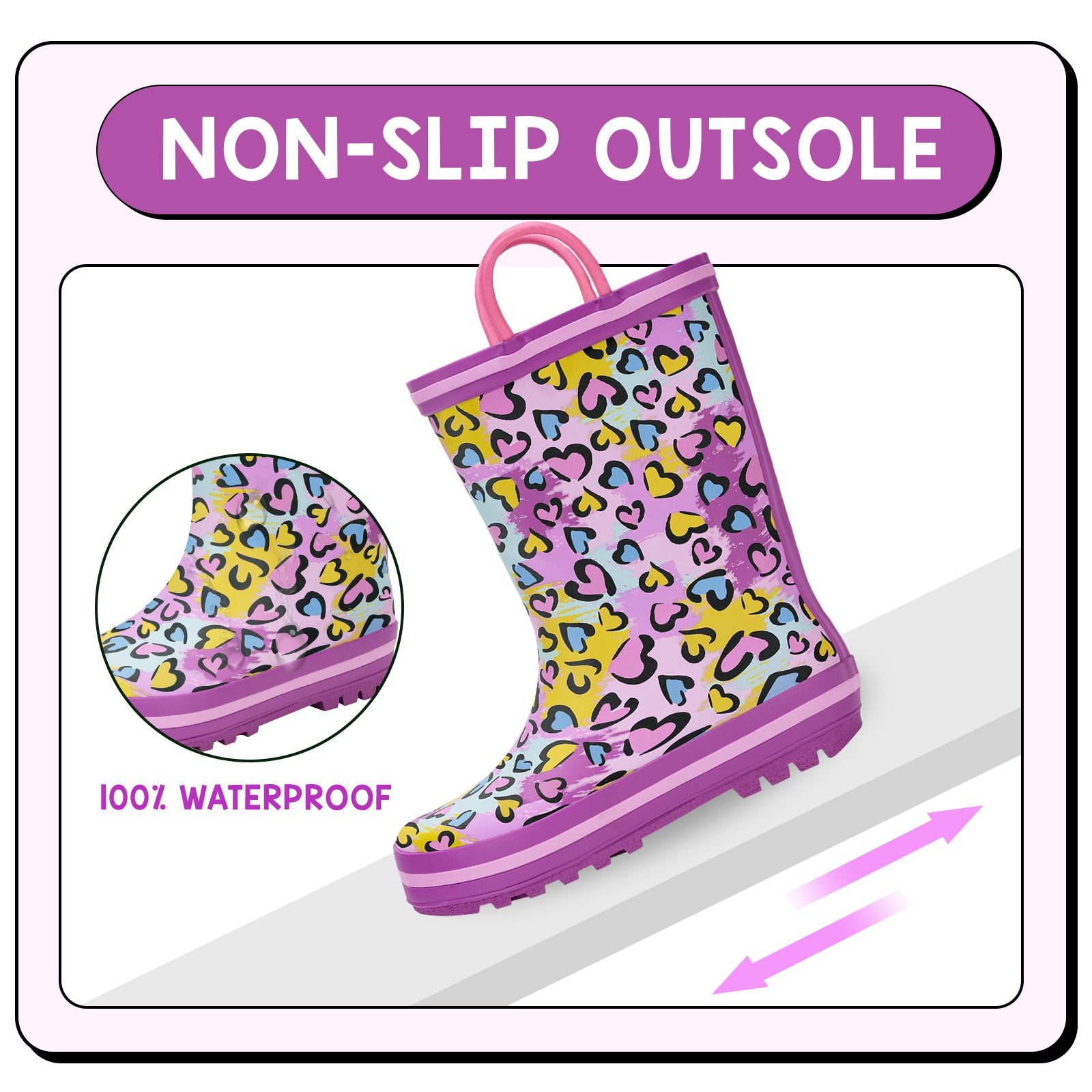 Pink rain boot with colorful leopard print pattern on a white background