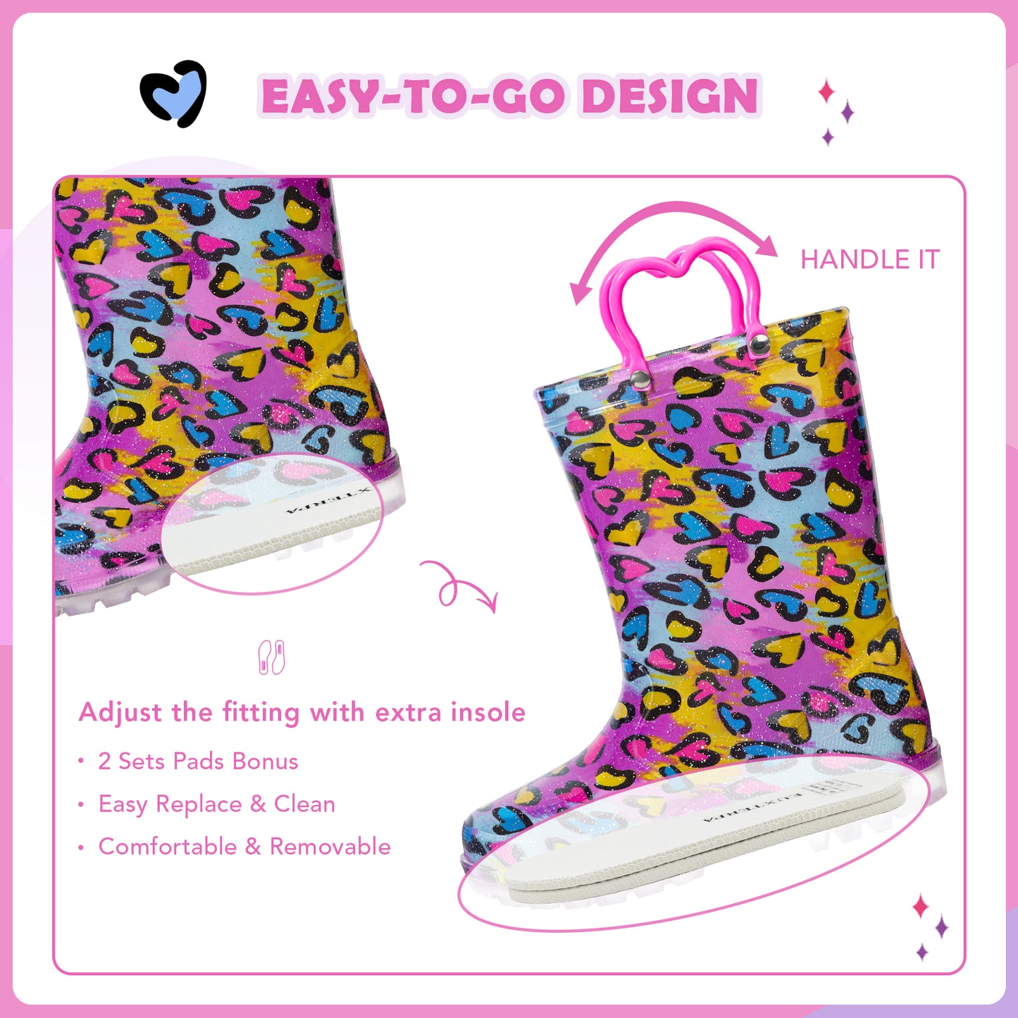 colorful rain boots with heart pattern on a pink background, featuring text about design and features.