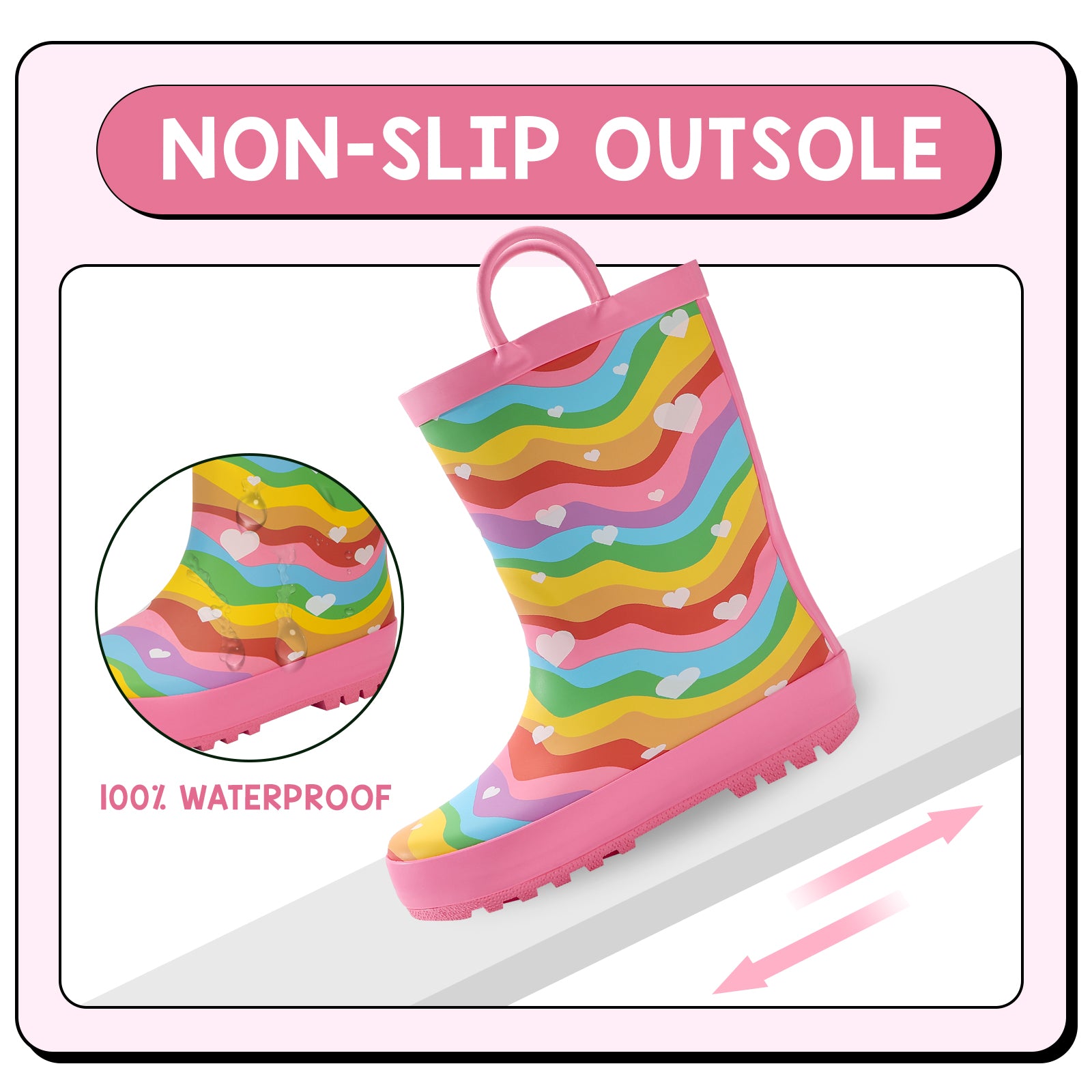 Colorful rain boot with pink top and rainbow pattern on sole, featuring 'Non-Slip Outsole' and '100% Waterproof' text.