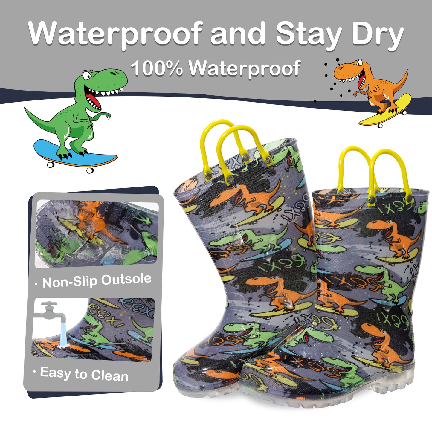 children's dinosaur-patterned rain boots with packaging on a white background