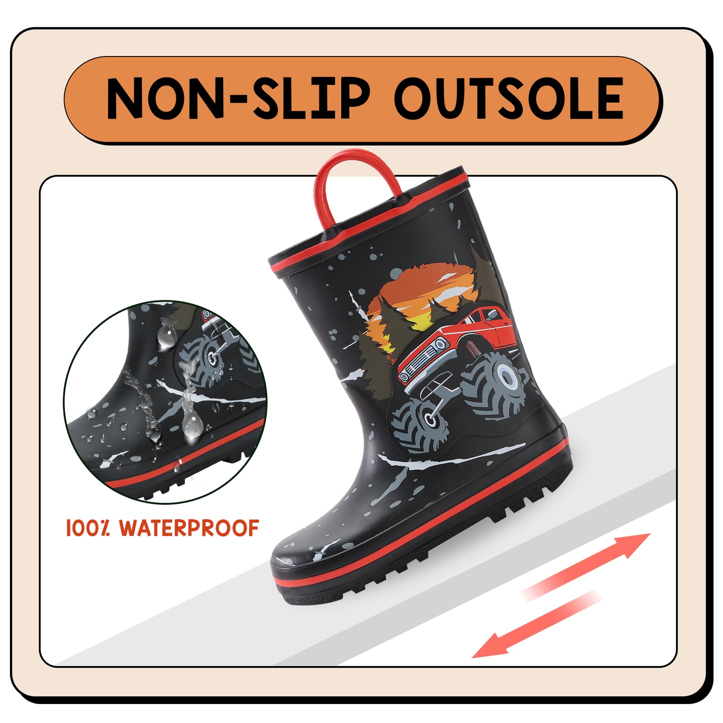 children's rain boot with non-slip outsole and waterproof feature on a white background