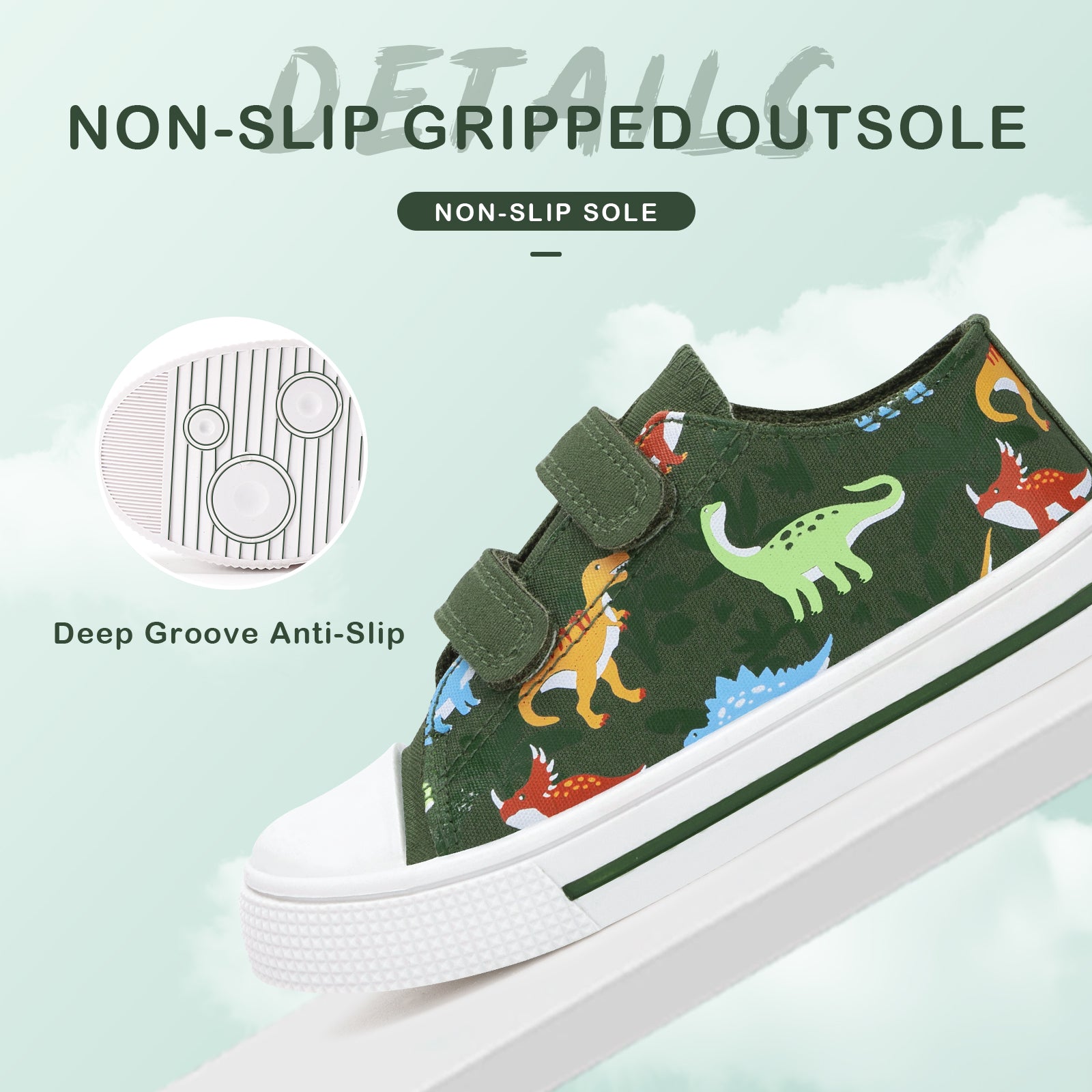 Children's sneakers with dinosaur pattern and non-slip sole on a light green background