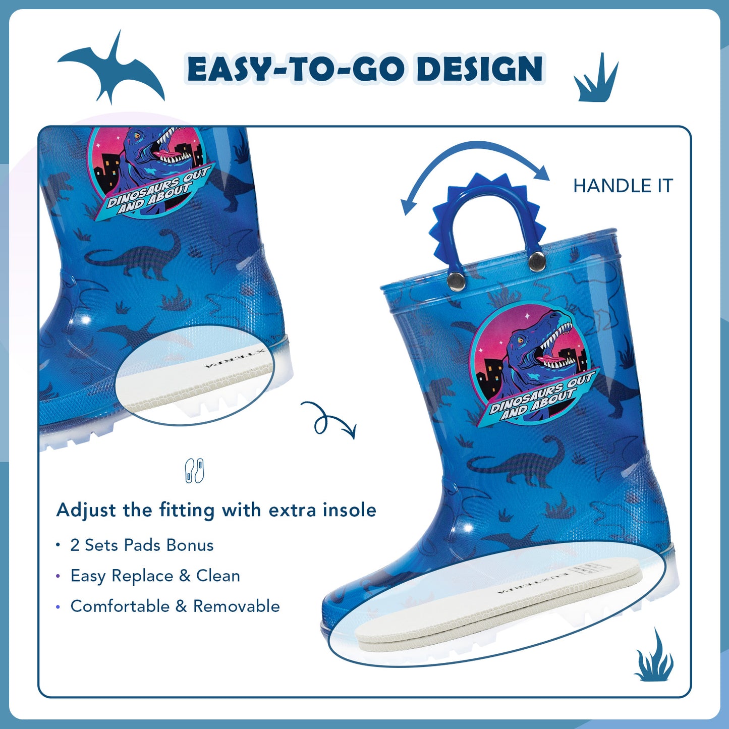 light up rain boots blue dinosaur with handles