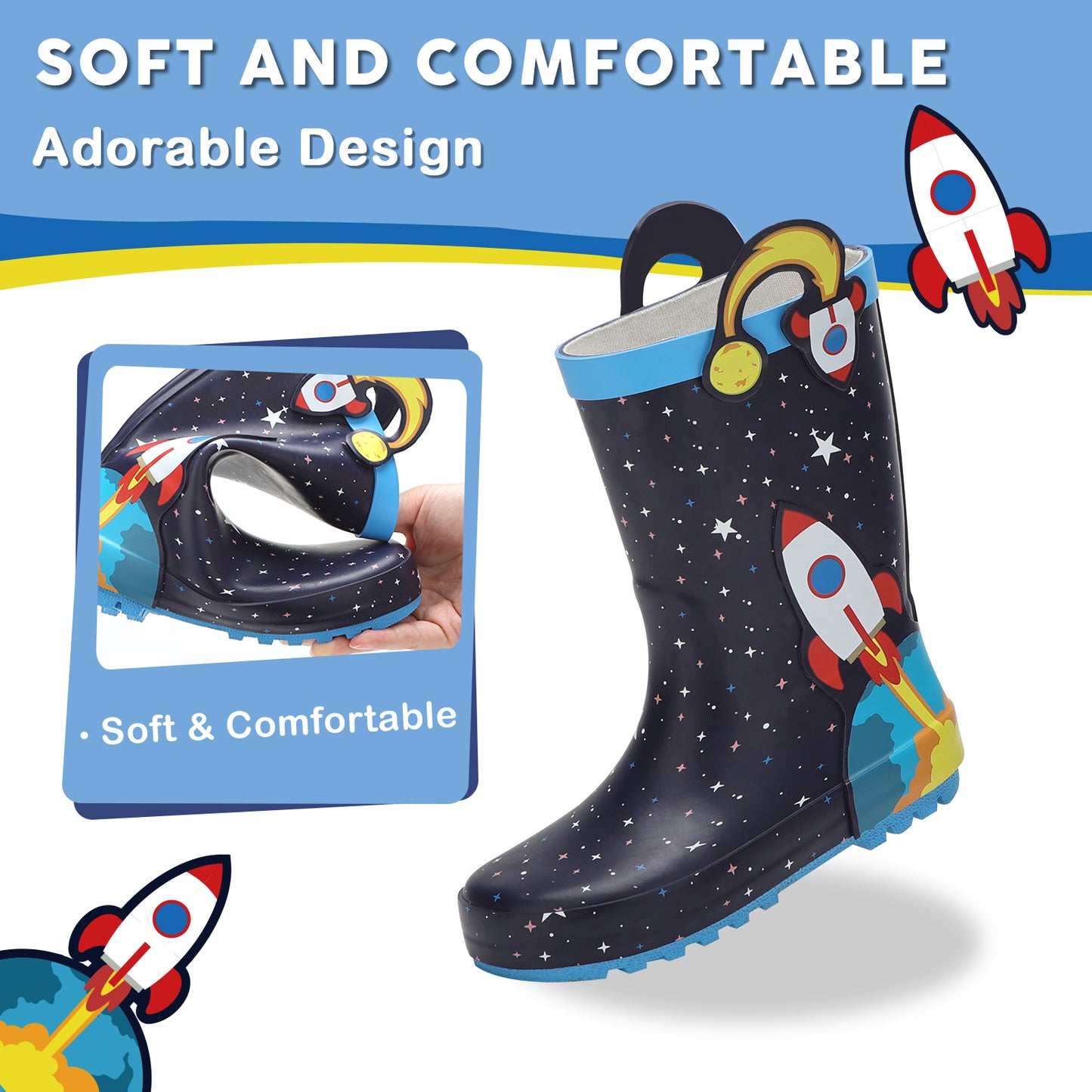 toddler kids  jet rocket rubber rain boots
