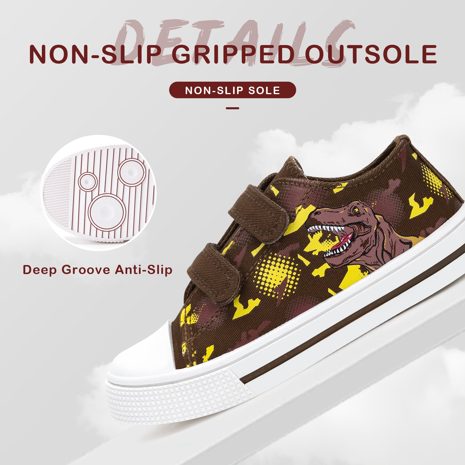 Children's shoe with dinosaur design and non-slip sole feature on a light gray background