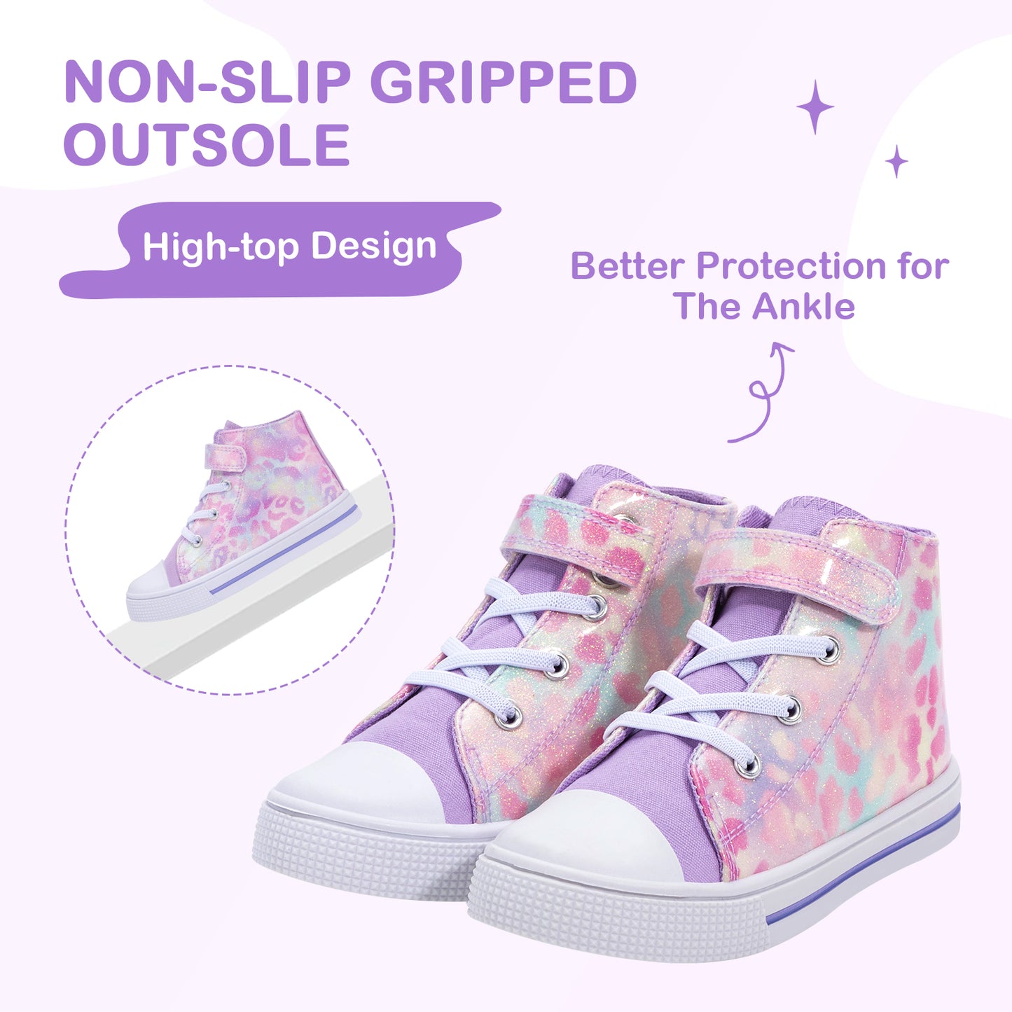 children's high-top shoes with floral pattern and text highlighting features on a white background