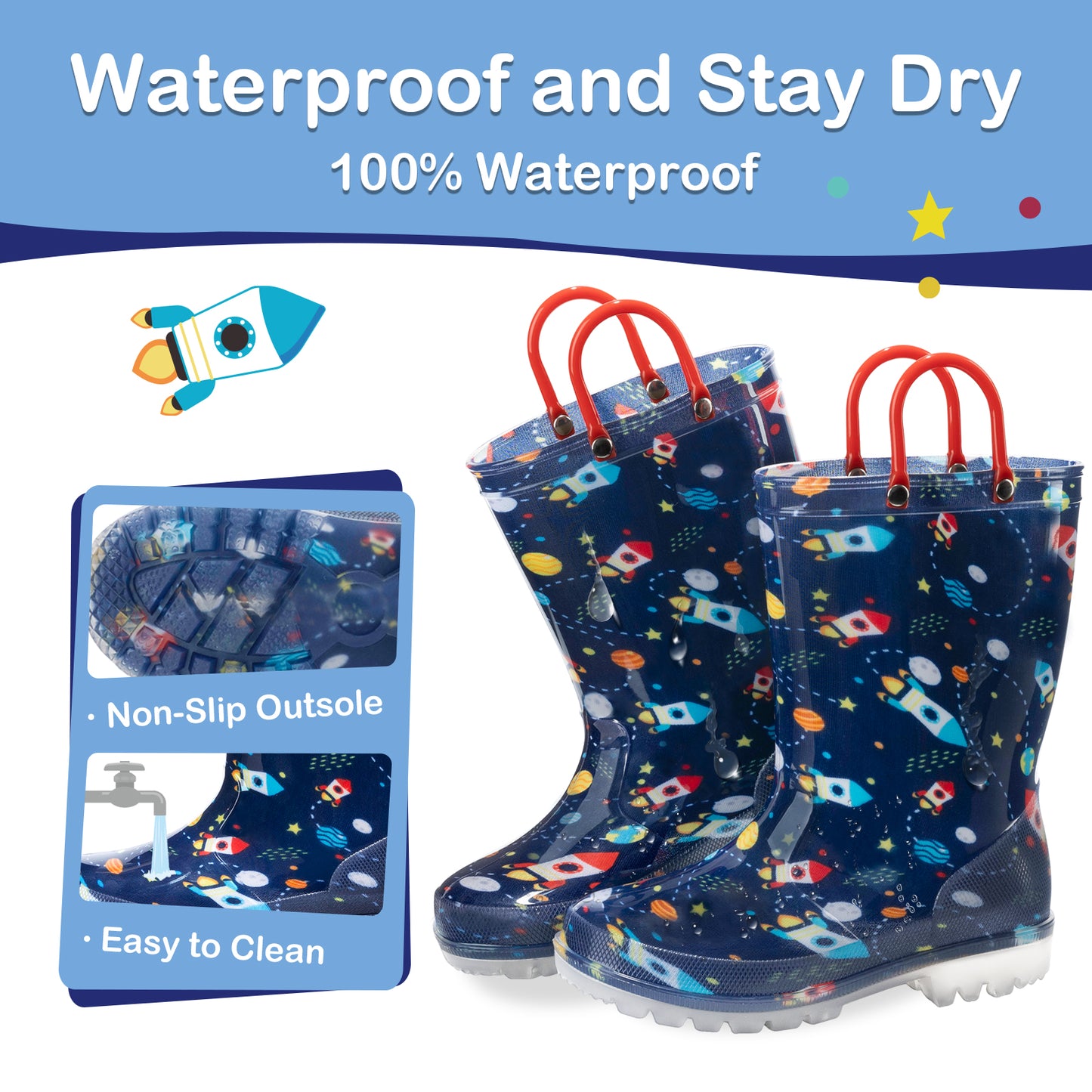 red and blue rocket light up waterproof rain boots
