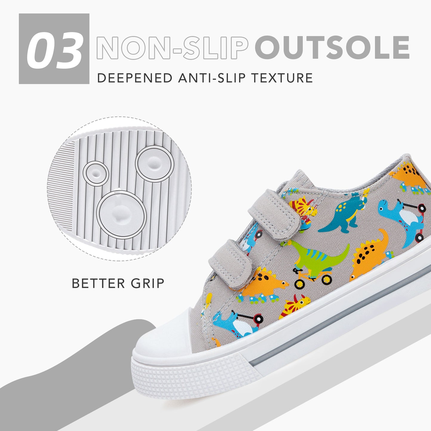 children's sneaker with dinosaur pattern and non-slip sole on a white background