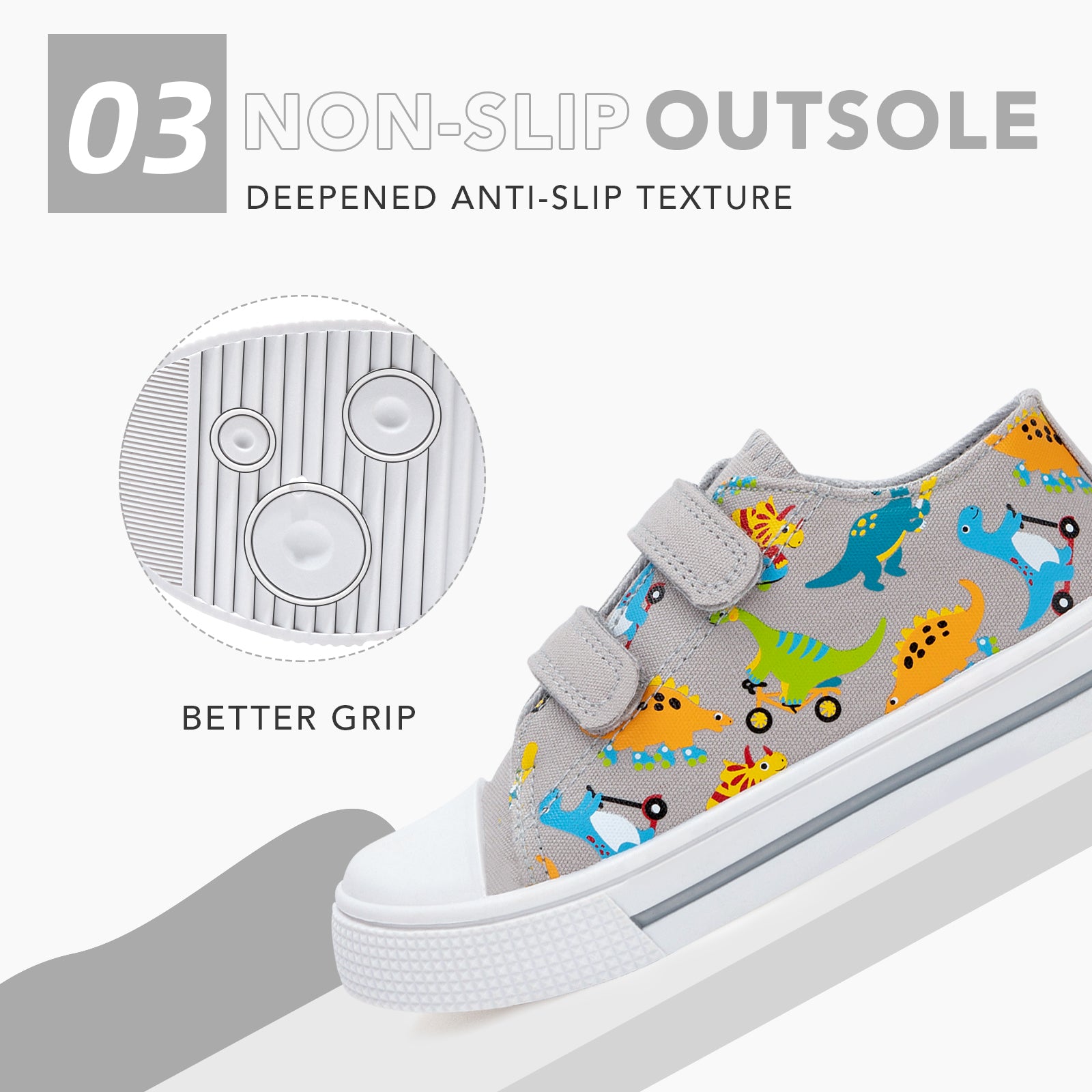 Children's sneaker with dinosaur pattern and non-slip sole on a white background