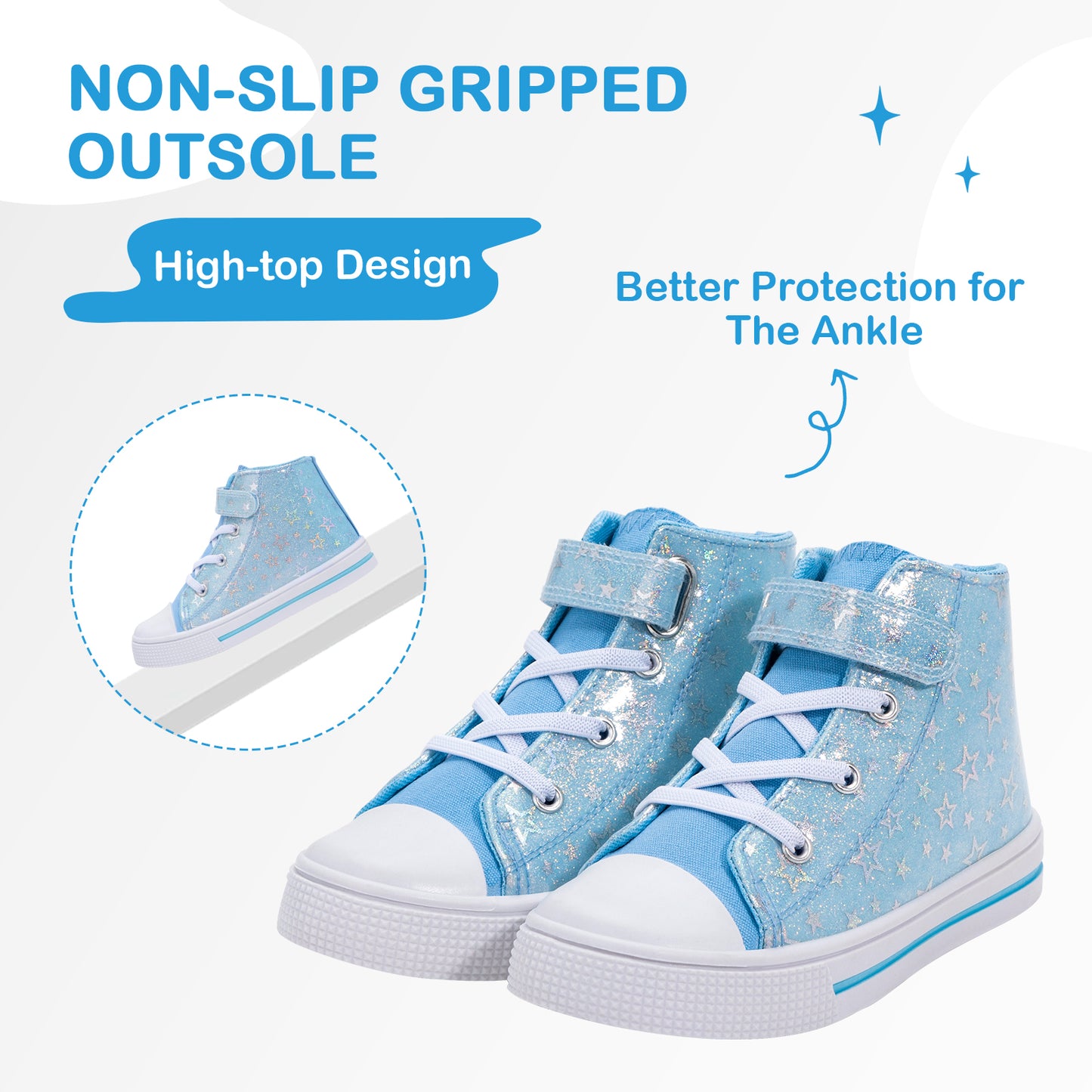 blue high-top sneakers with white soles on a light gray background, featuring text about non-slip grip and ankle protection.
