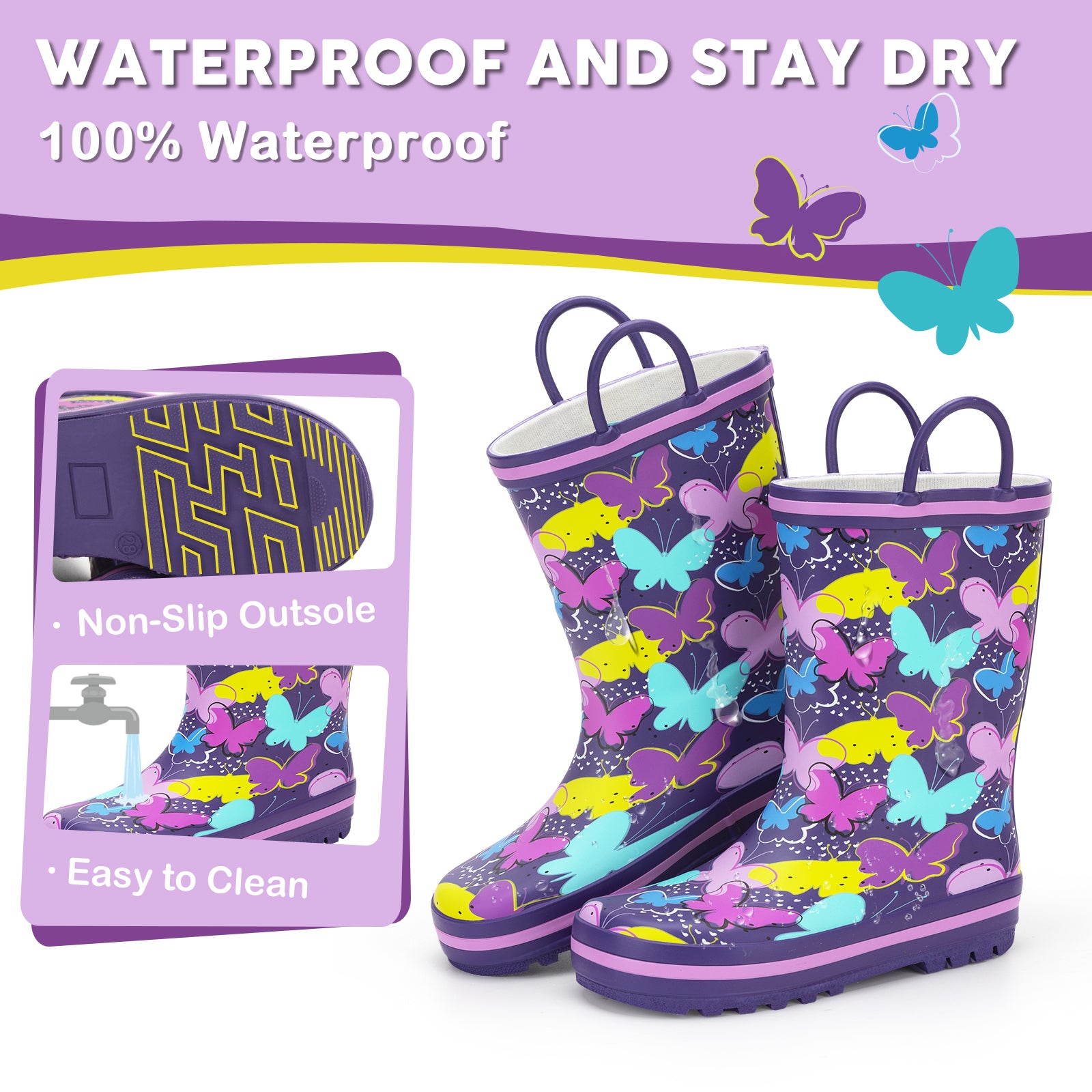 Children's rain boots with butterfly pattern on a white background, featuring text about waterproof properties.