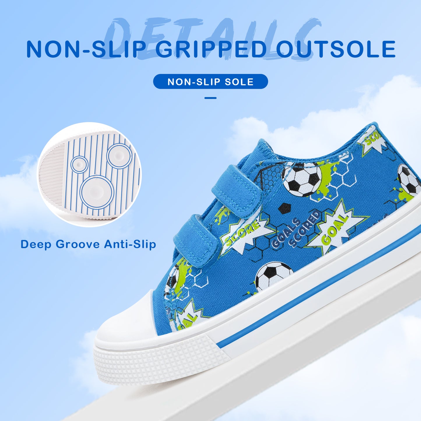 blue children's sneakers with soccer design on a light blue background