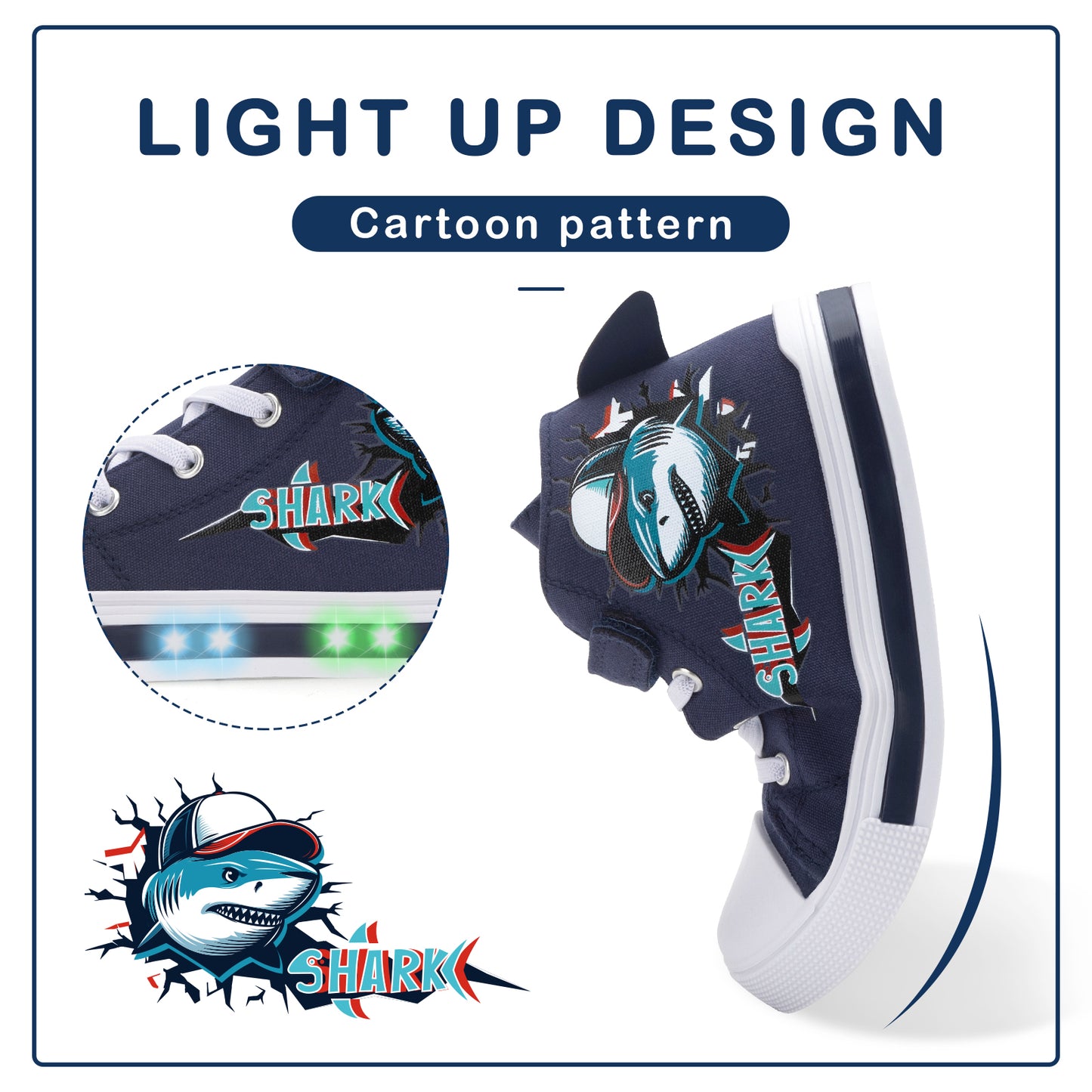 velcro hat shark light up high top canvas sneakers