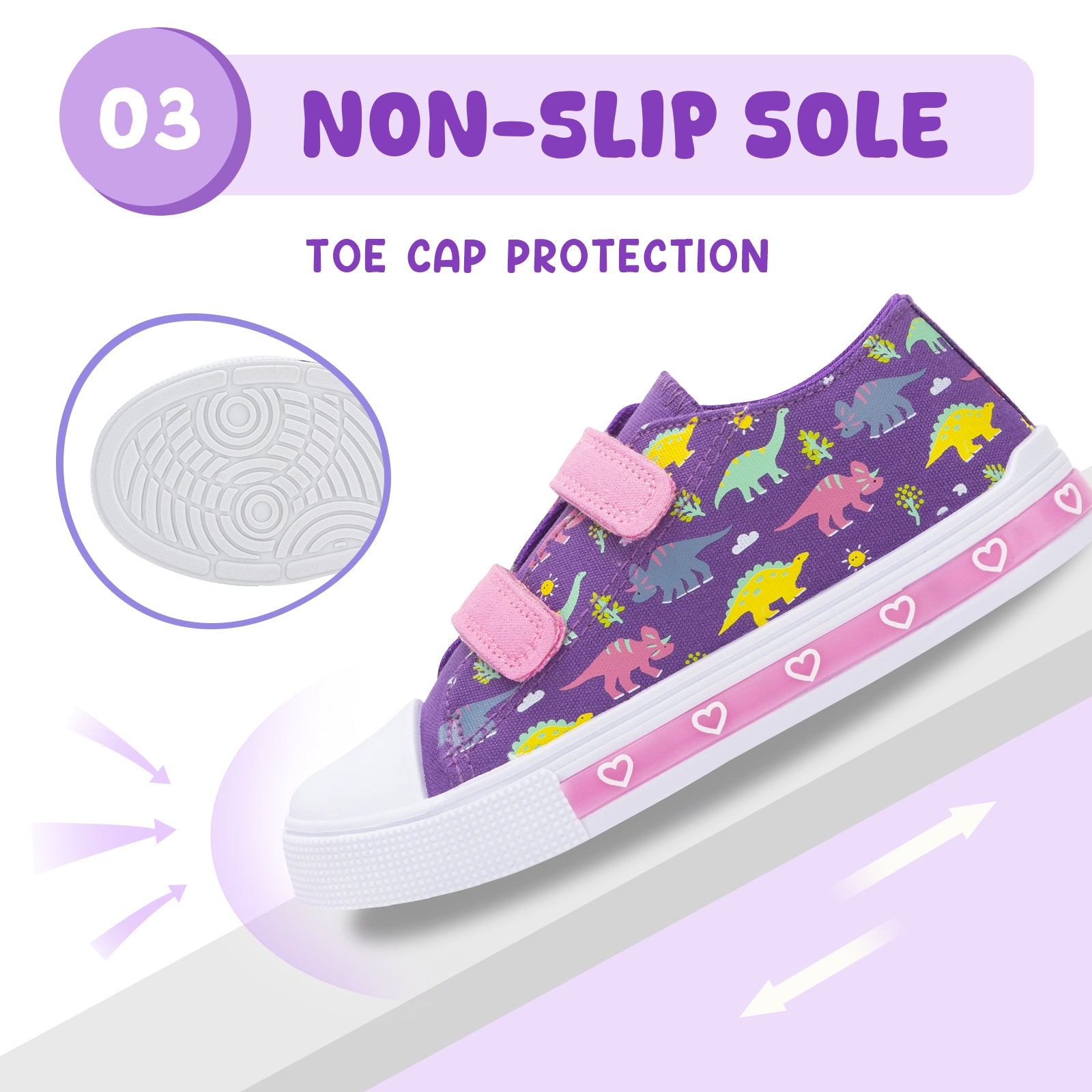 Purple children's sneakers with dinosaur pattern and pink velcro straps on a light purple background.