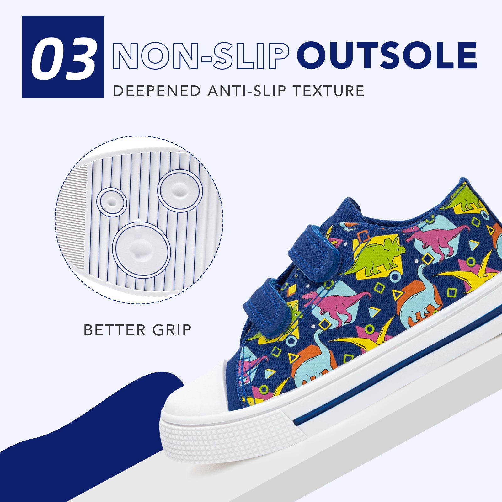 Children's sneakers with dinosaur pattern and non-slip outsole feature on a white background