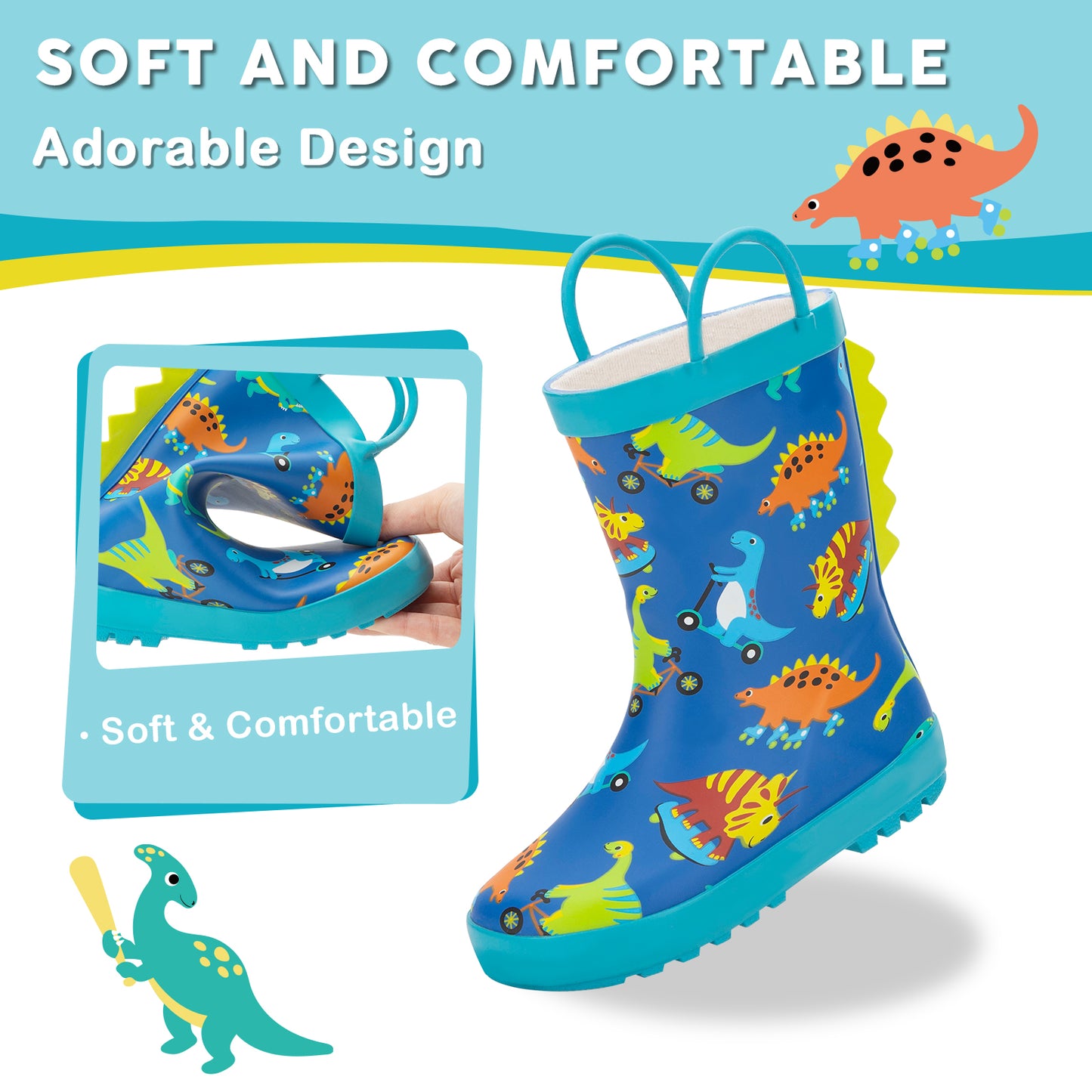 toddler kids boys dinosaur outdoor sports rubber rain boots