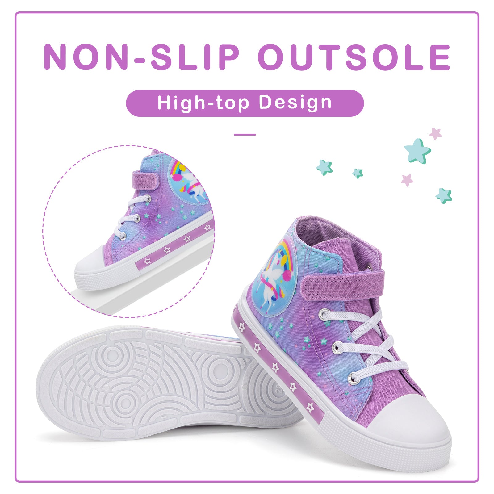 Purple high-top sneakers with unicorn design on a white background