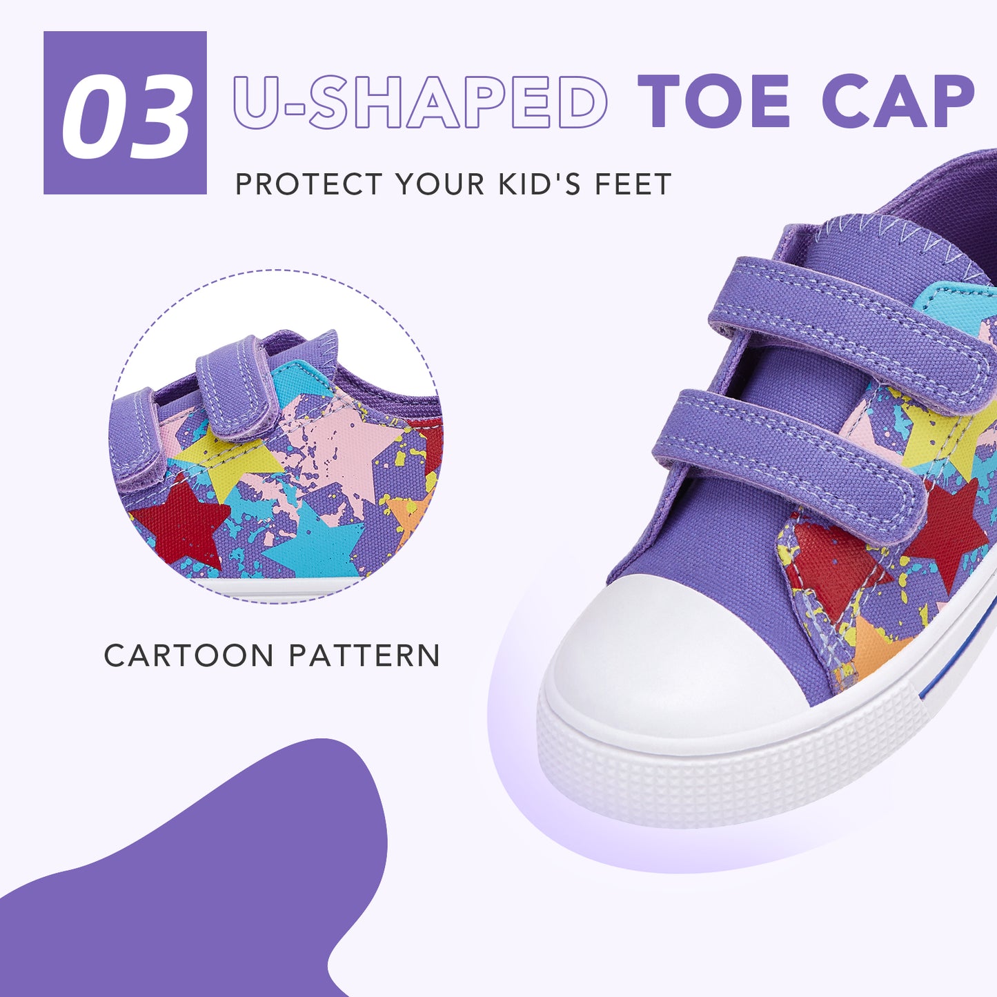 purple children's shoe with cartoon pattern and u-shaped toe cap on a light purple background