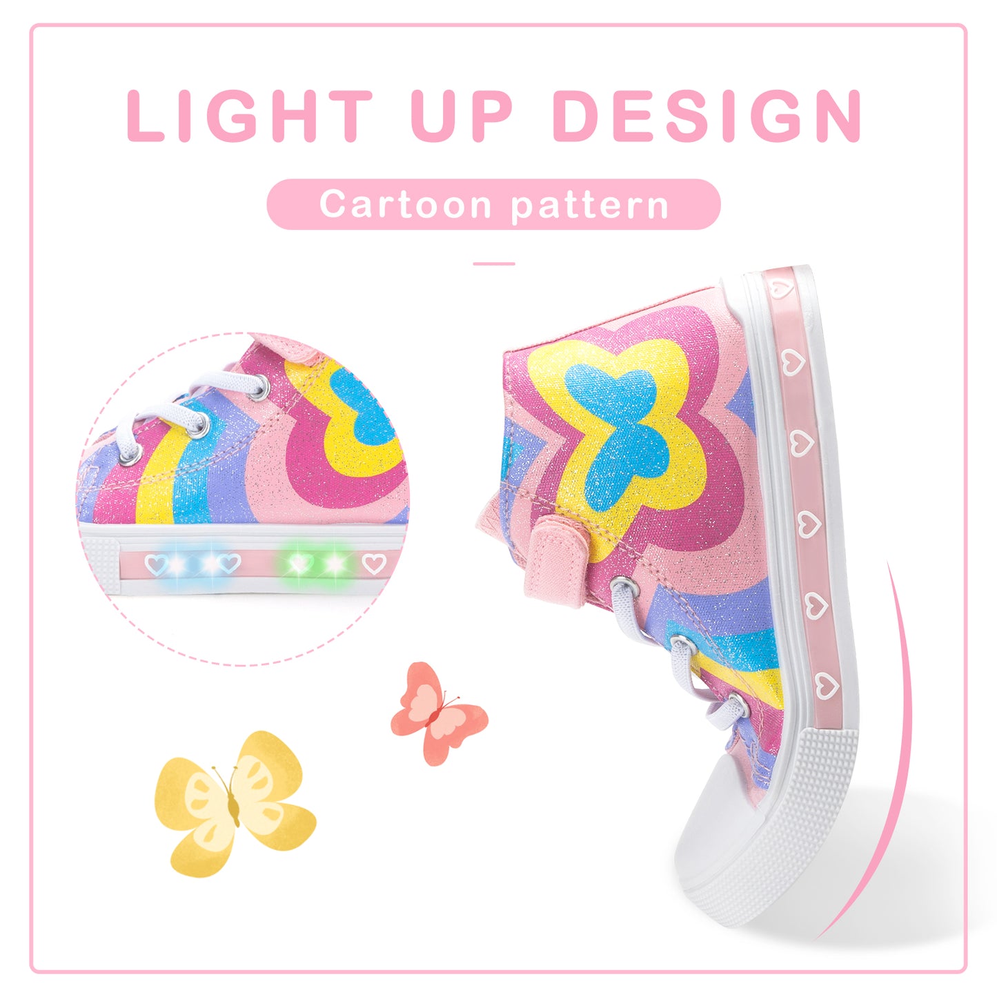 velcro kaleidoscope butterfly light up high top canvas sneakers