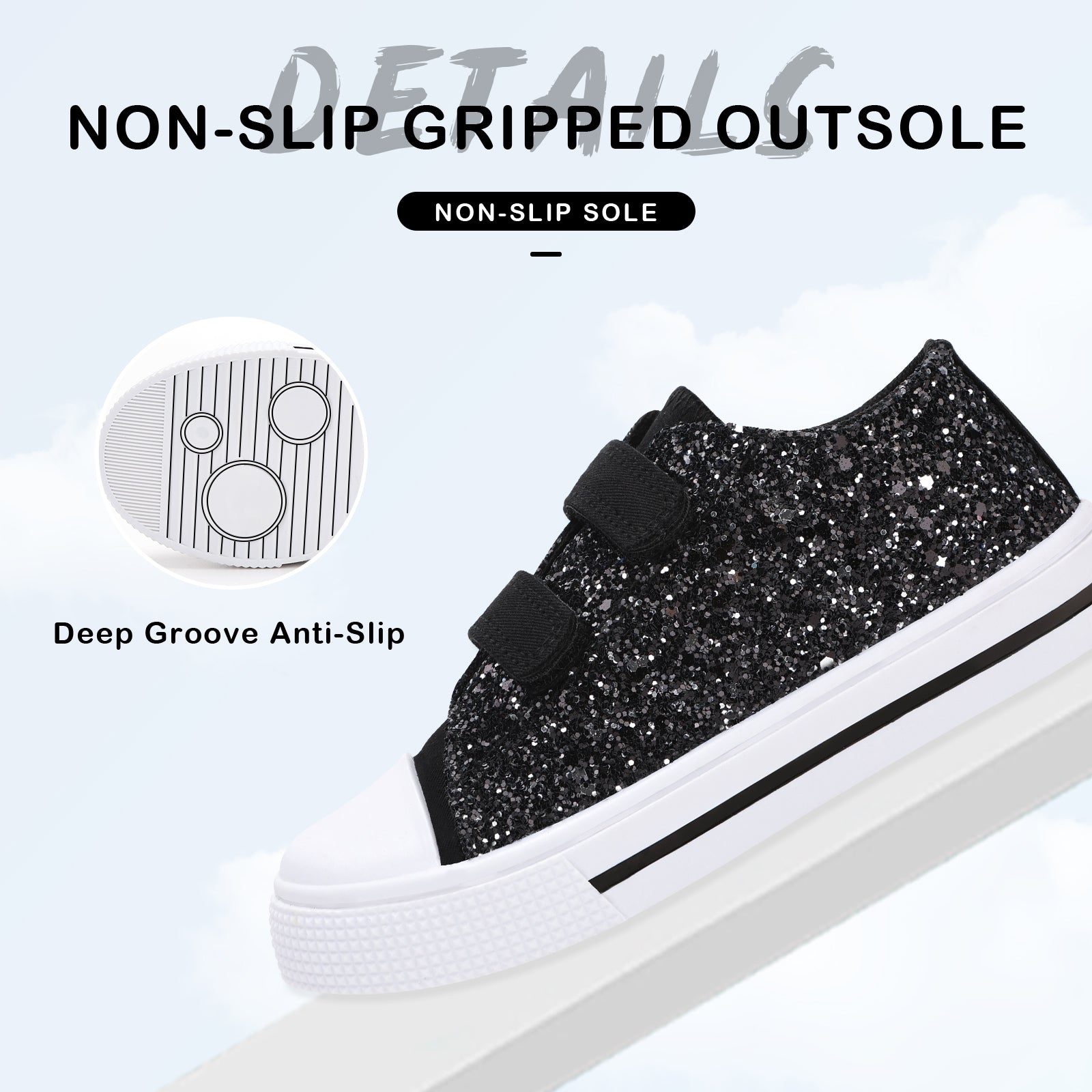 Black glitter sneaker with white sole on a light gray background, highlighting non-slip sole feature.
