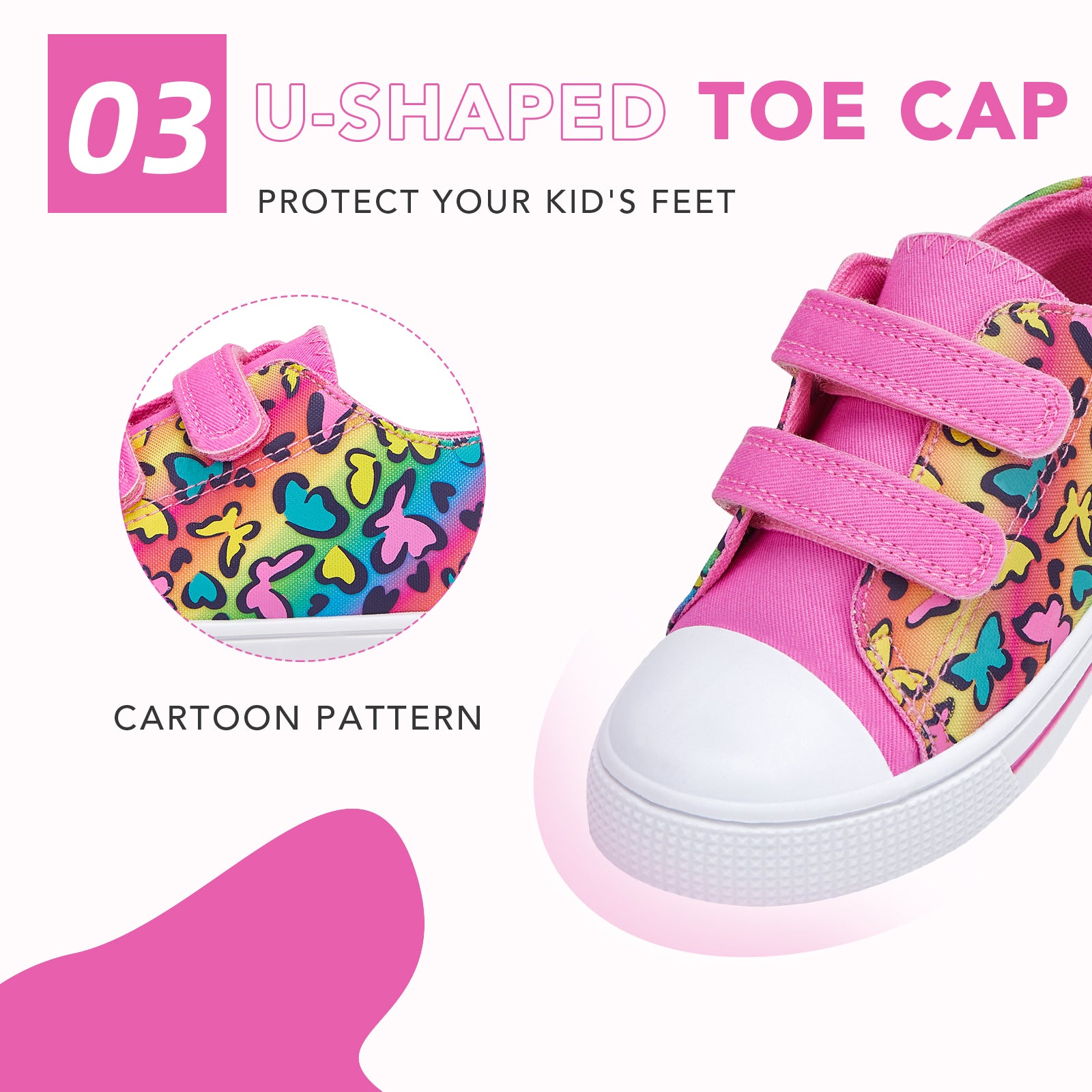 Pink children's shoe with cartoon pattern and u-shaped toe cap on a white background