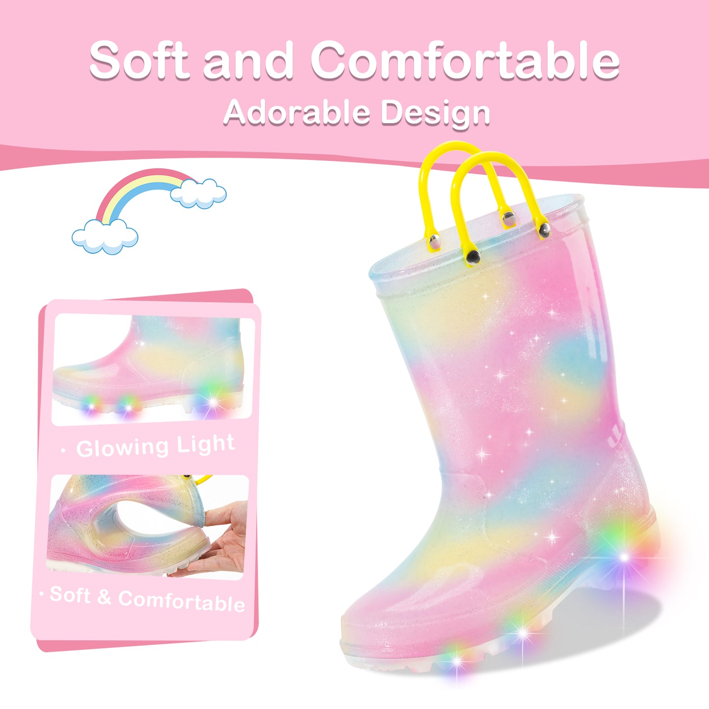 yellow powder smudge light up waterproof rain boots