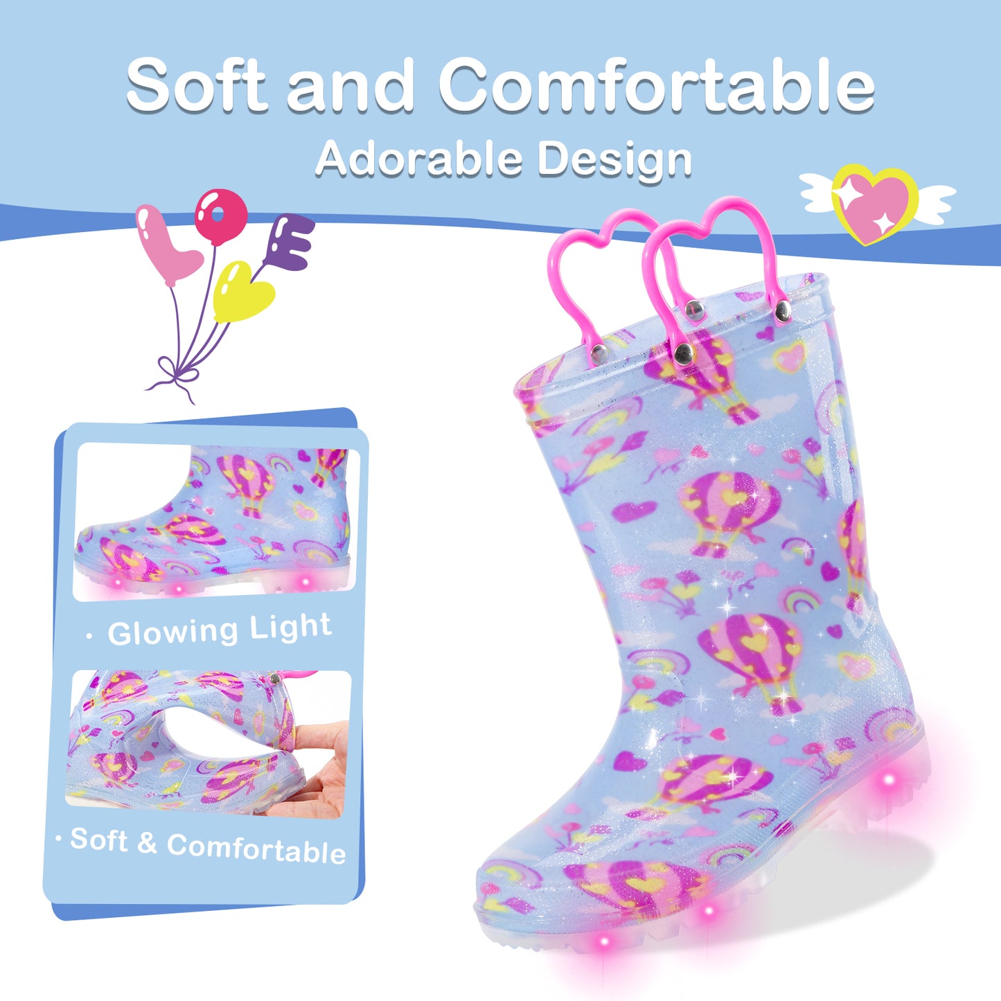blue hot air balloon light up waterproof rain boots
