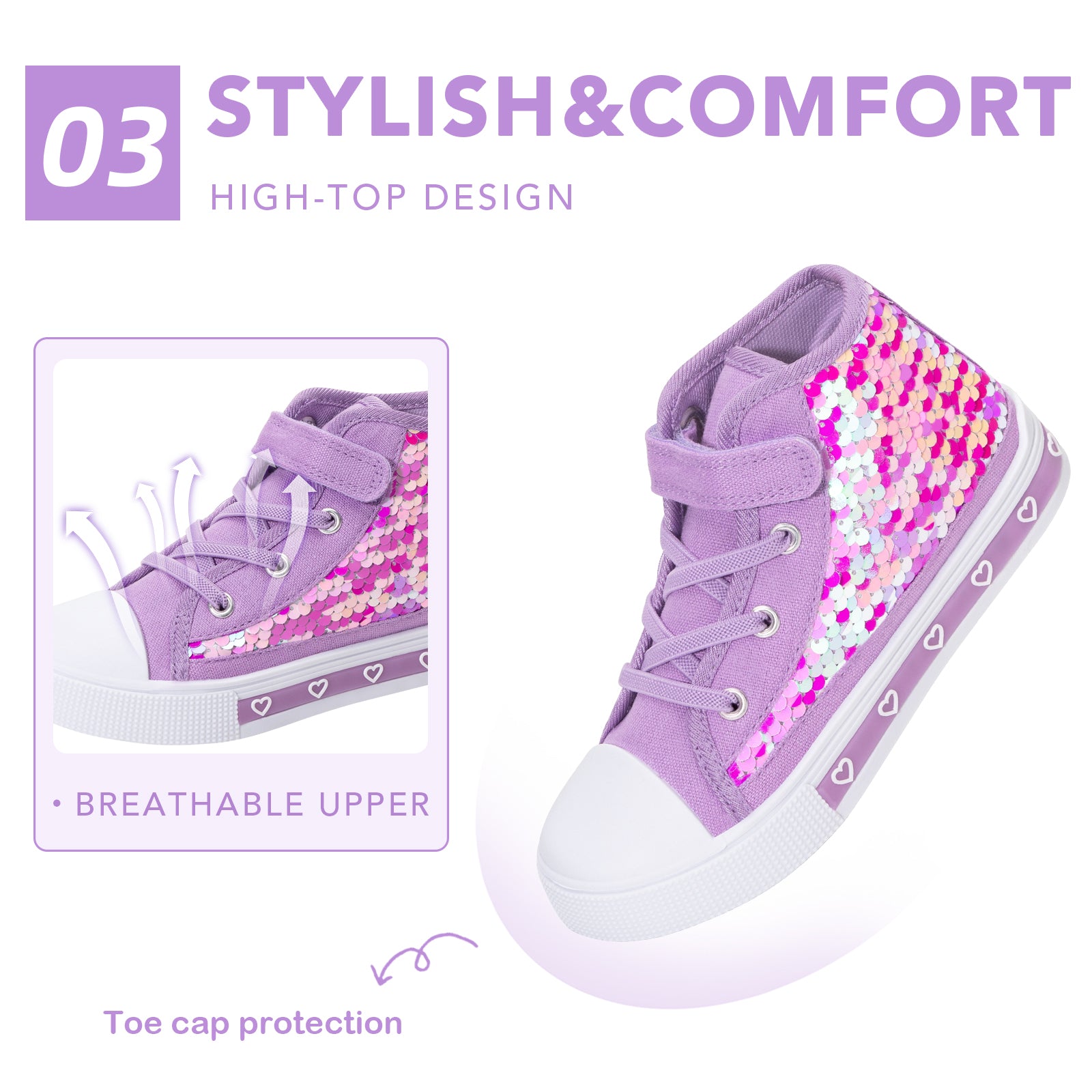 Purple high-top sneakers with sequin design on a white background