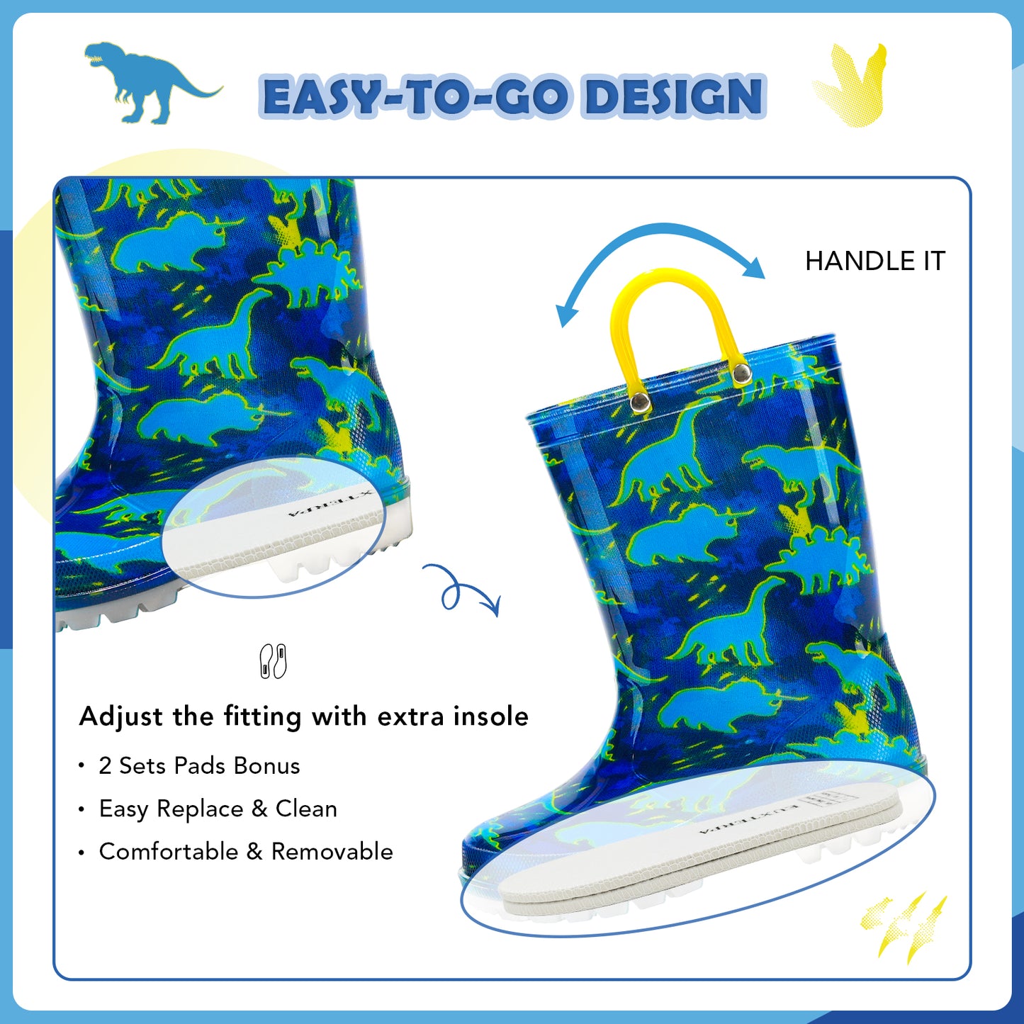 blue dinosaur light up waterproof rain boots