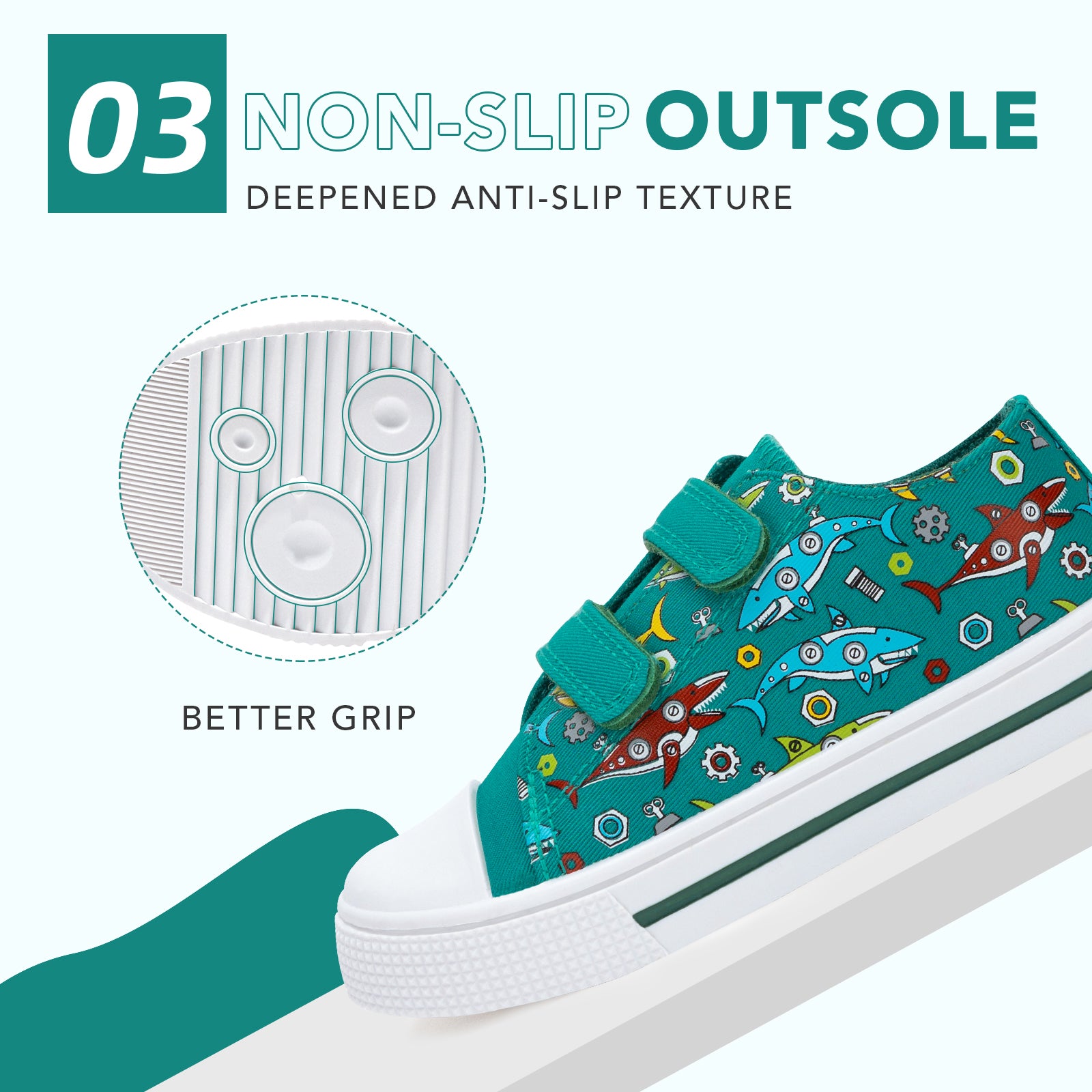 Children's shoe with colorful design and non-slip sole feature on a white background