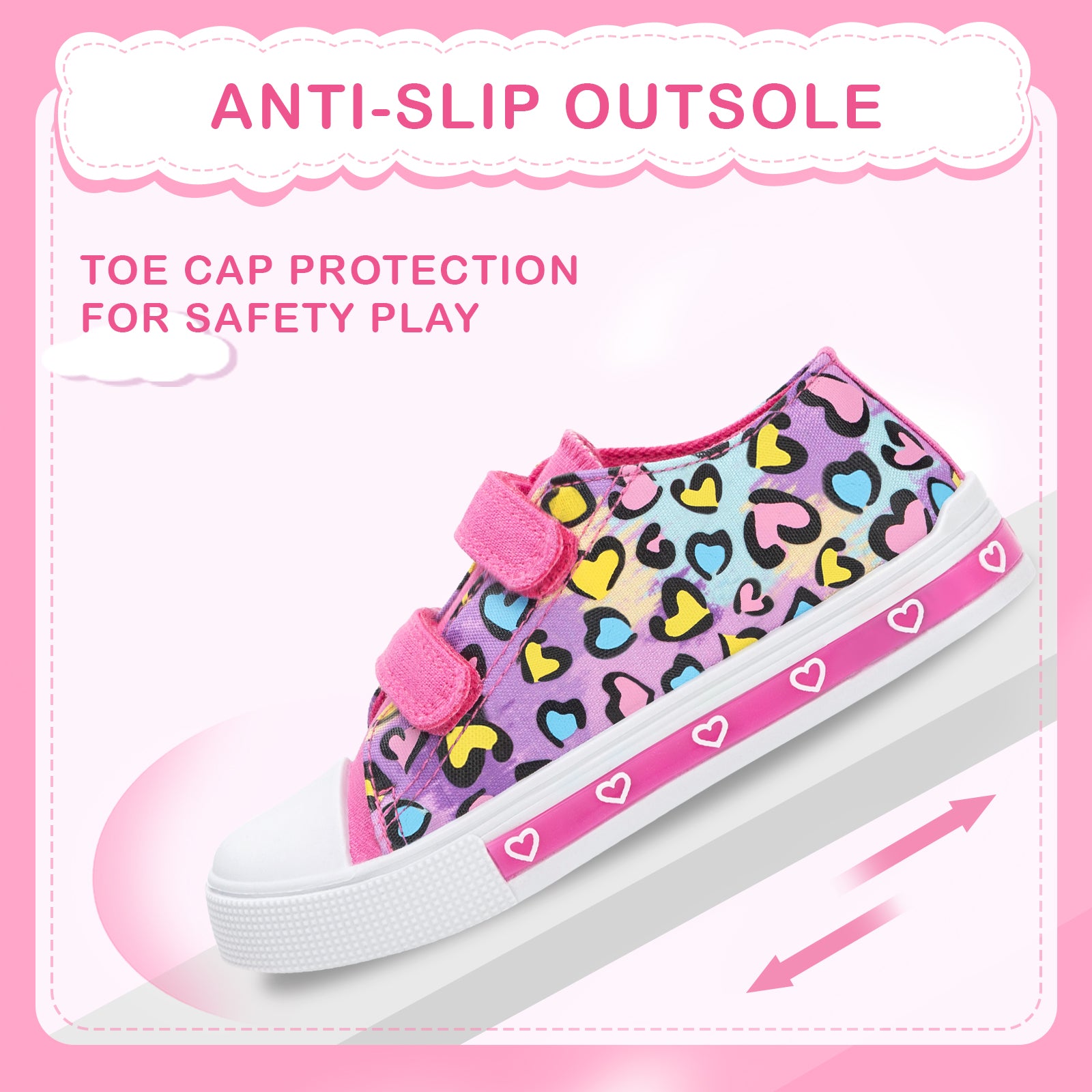 Children's shoe with colorful heart pattern on a pink background