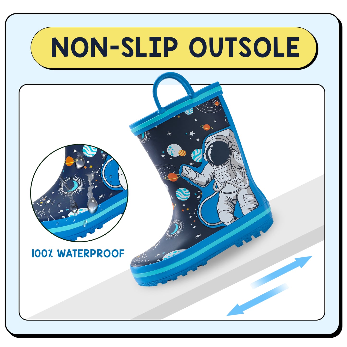 children's rain boot with space design and non-slip sole feature on a white background