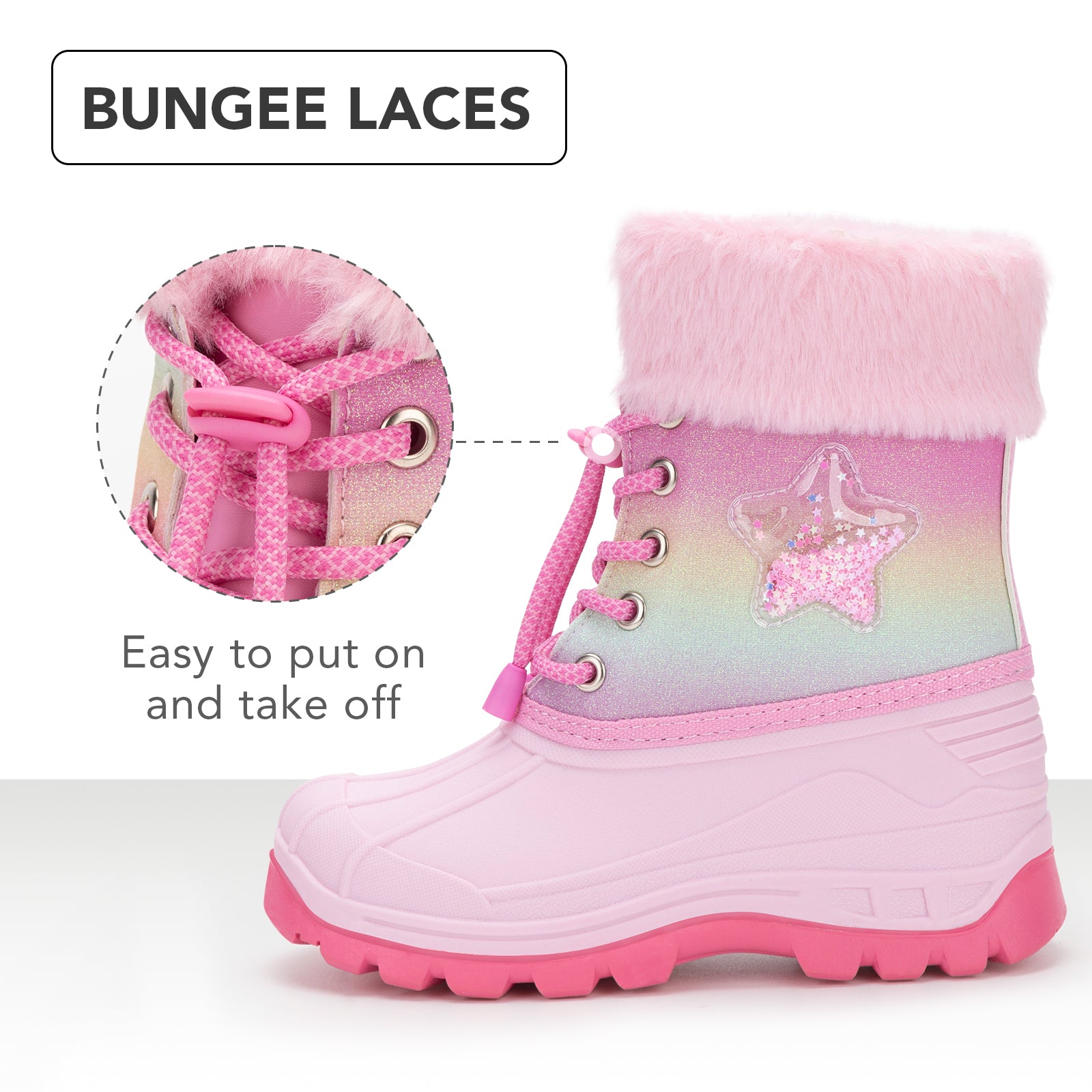 Toddler Girls Pink Star Winter Snow Boots - FUNCOO