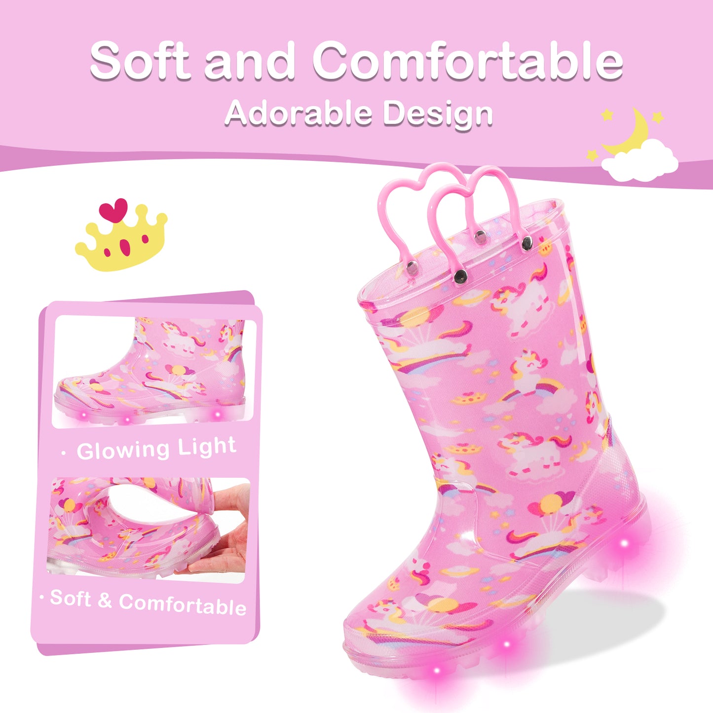 pink cloud unicorn light up waterproof rain boots