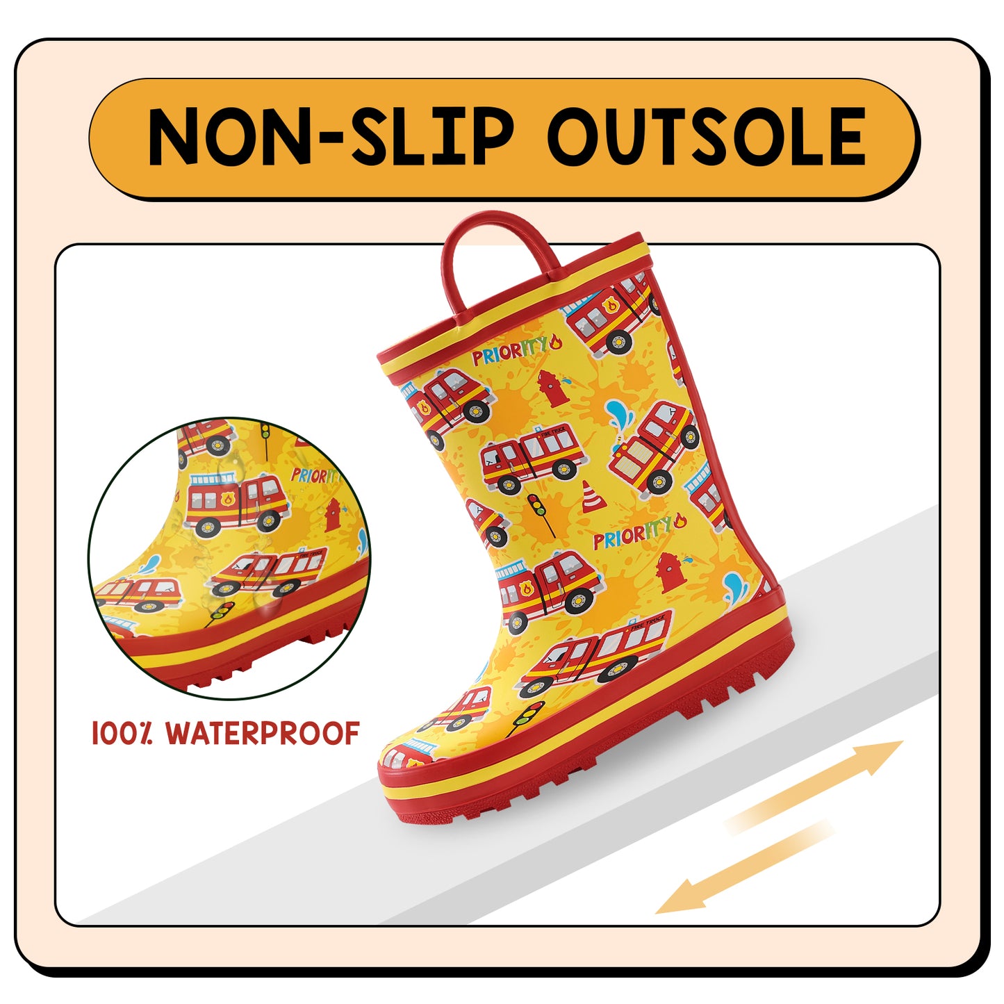yellow rain boot with fire truck pattern on a white background, featuring 'non-slip outsole' and '100% waterproof' text.