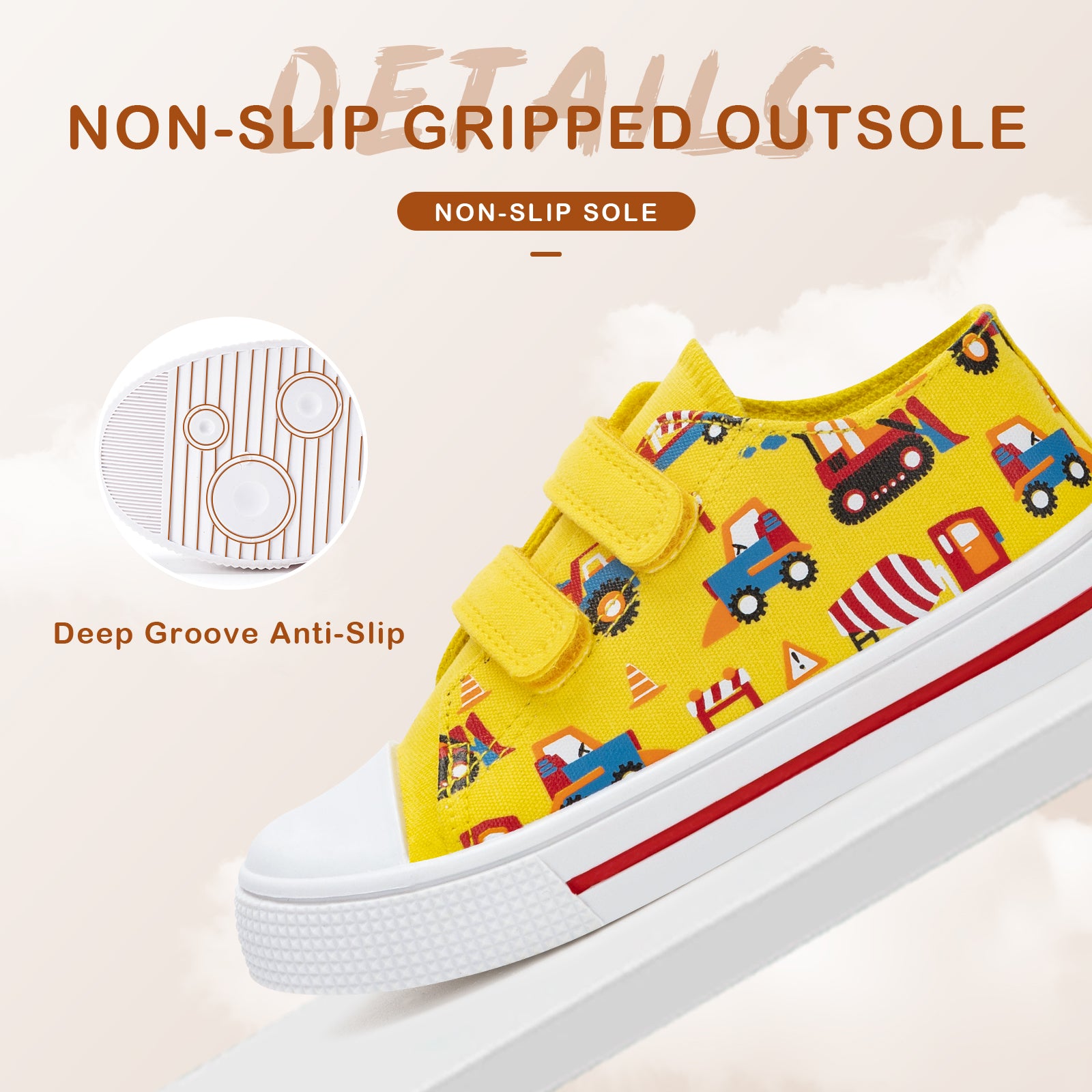 Yellow children's shoe with train pattern and non-slip sole on a beige background
