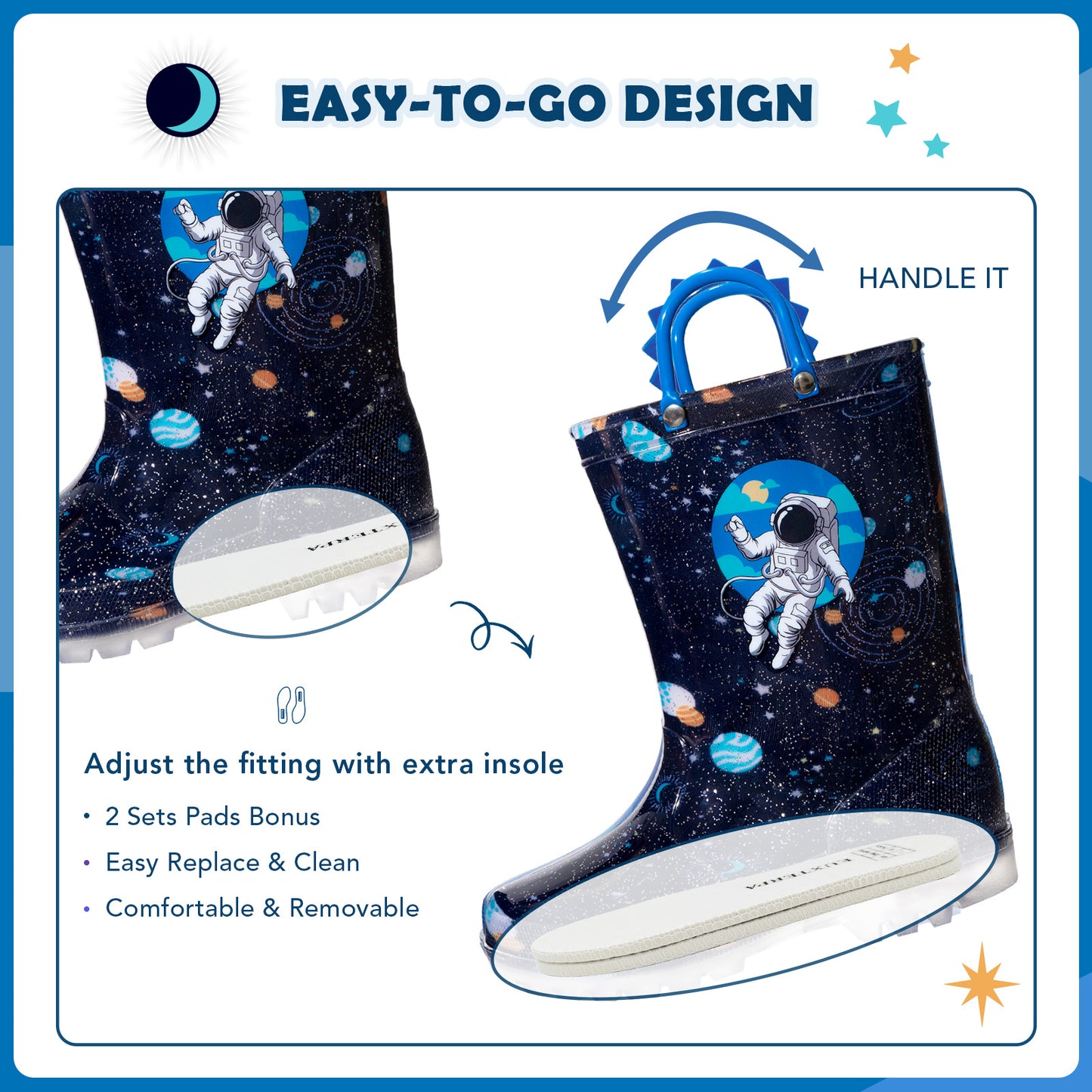 space-themed rain boot with an astronaut design, featuring adjustable fitting and handle.