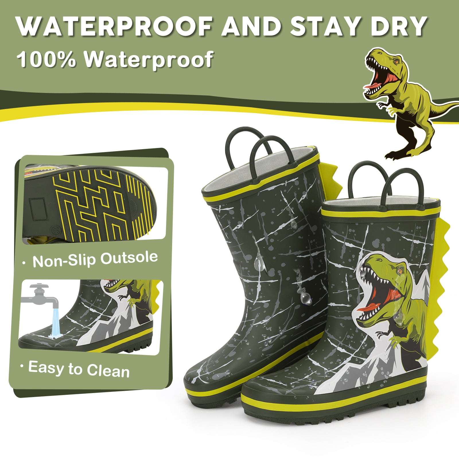 Children's rain boots with dinosaur design on a white background, featuring text about waterproof properties.