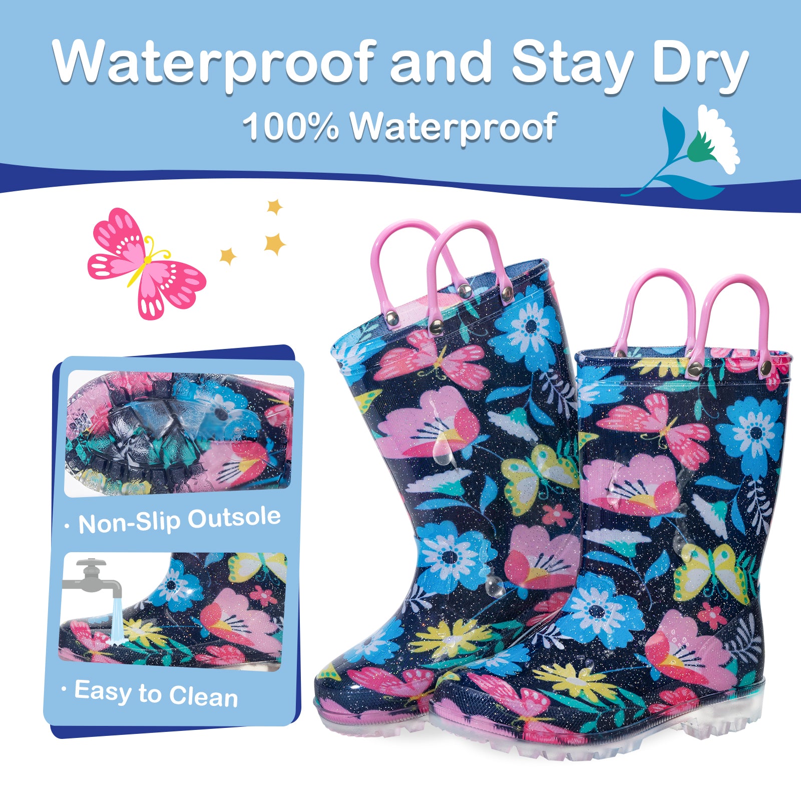 Floral-patterned rain boots with packaging on a white background