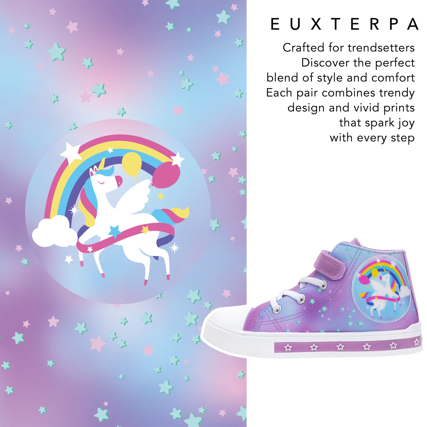 children's high-top shoes with unicorn and rainbow design on a colorful background, featuring the brand 'euxterpa'.