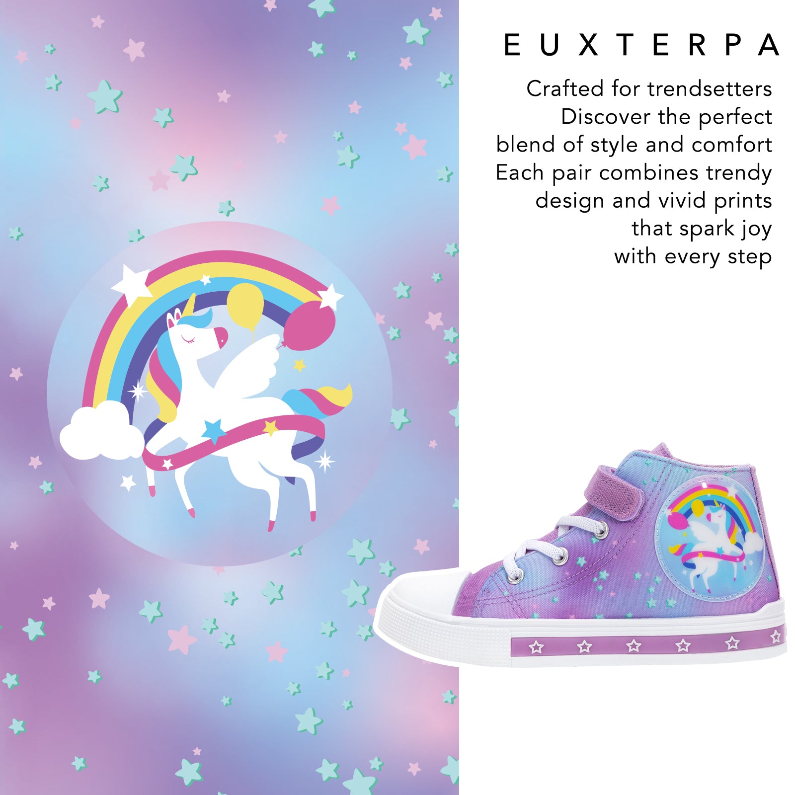 Children's high-top shoes with unicorn and rainbow design on a colorful background, featuring the brand 'Euxterpa'.