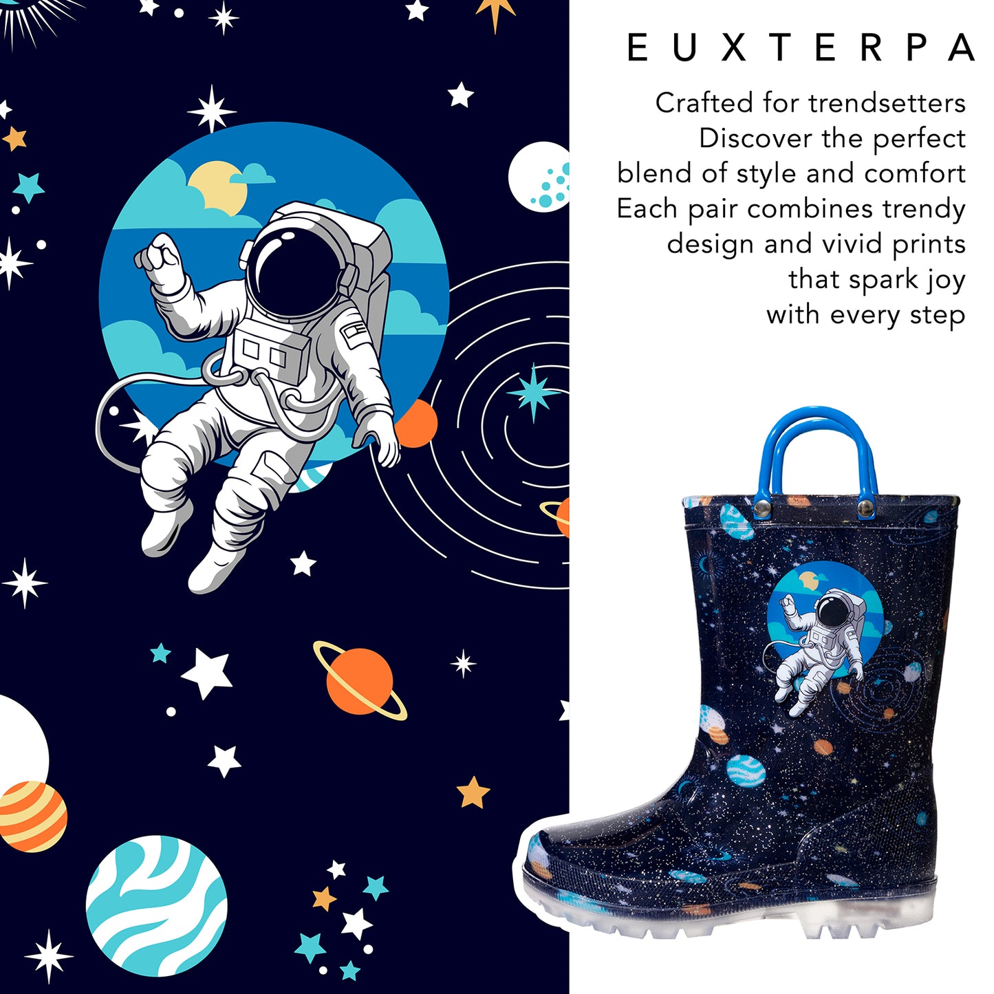 children's rain boot with astronaut design on a space-themed background
