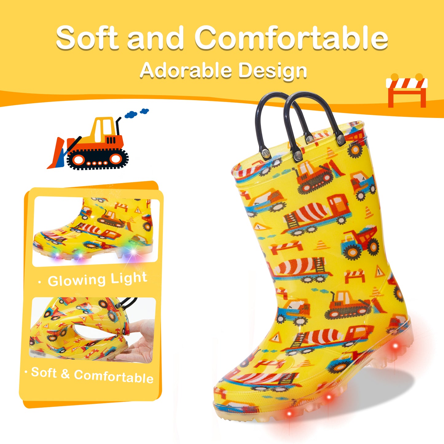 yellow children's rain boots with vehicle pattern and glowing light feature, displayed with packaging.