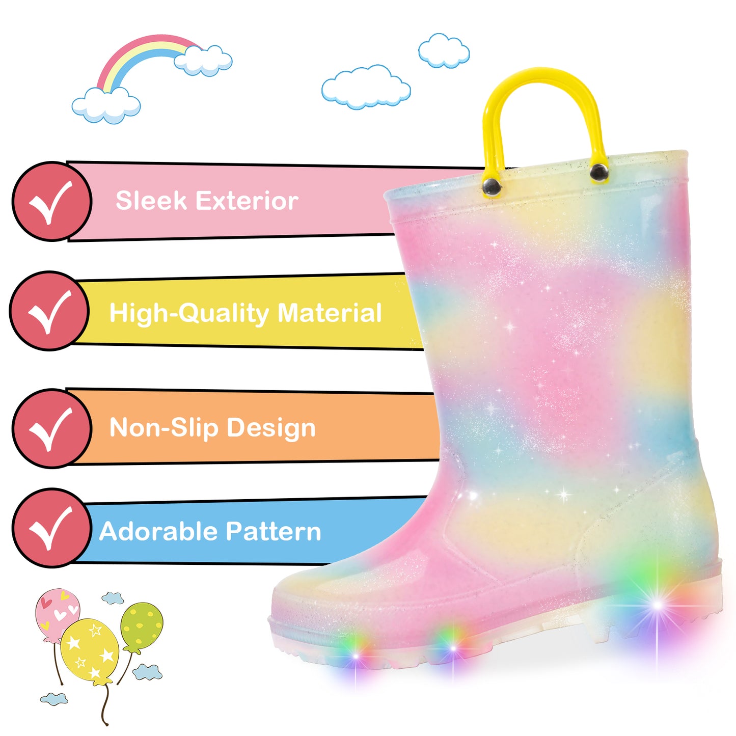 yellow powder smudge light up waterproof rain boots