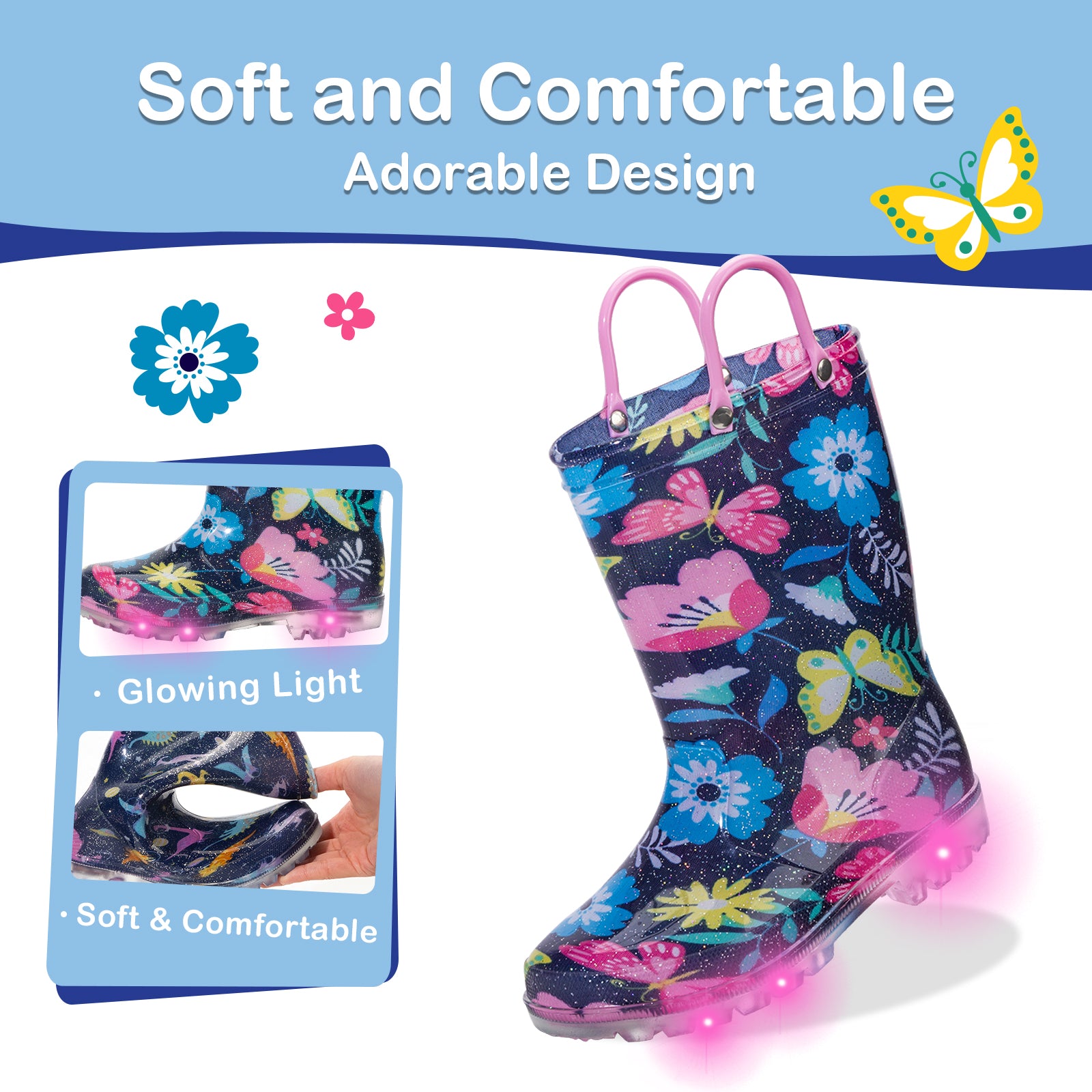 Colorful floral-patterned rain boot with glowing light feature, next to packaging, on a white background.